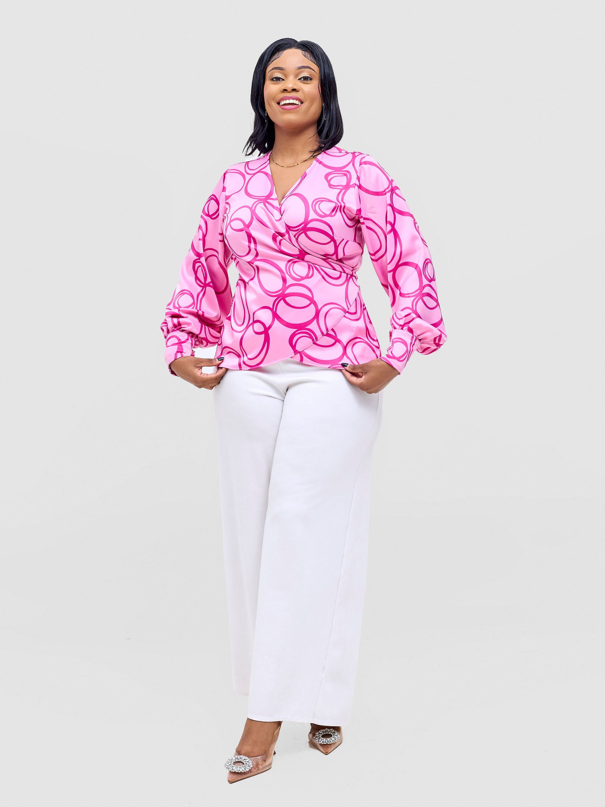 Vivo Merika Satin Wrap Top - Rose Pink / Fuschia Nito Print