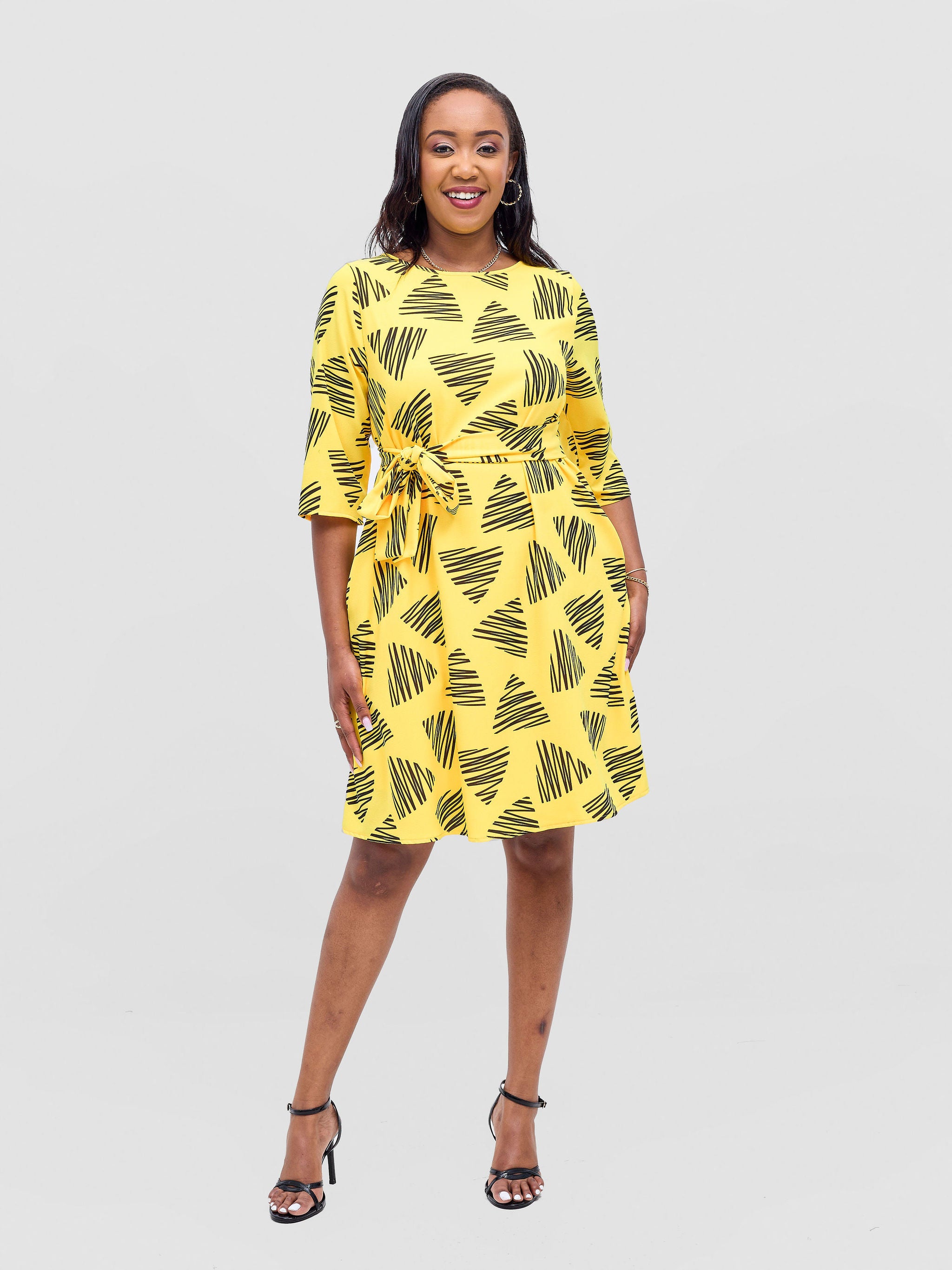 Vivo Laika 3/4 Sleeve Tent Dress - Mustard / Black Tuni Print