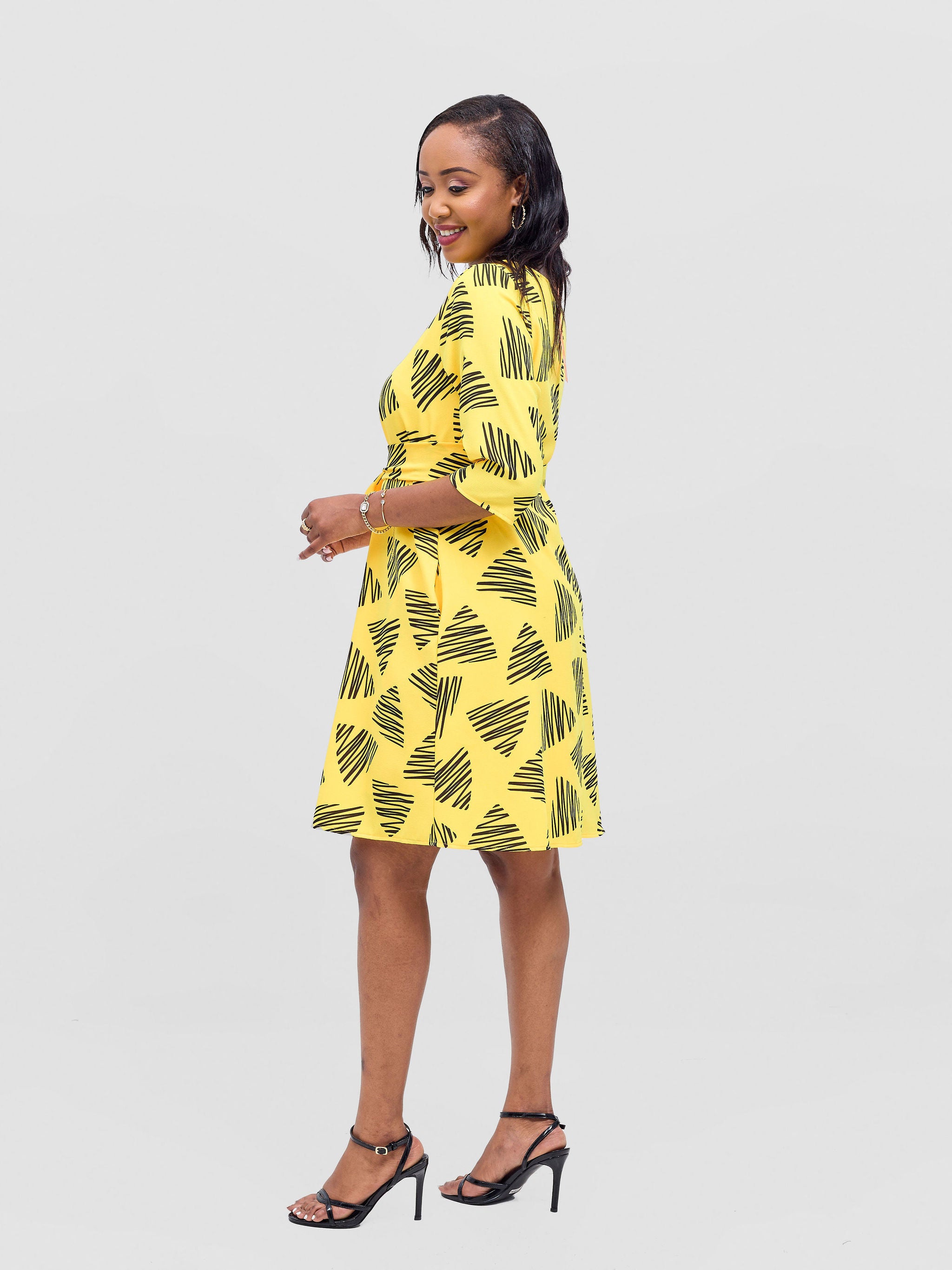 Vivo Laika 3/4 Sleeve Tent Dress - Mustard / Black Tuni Print