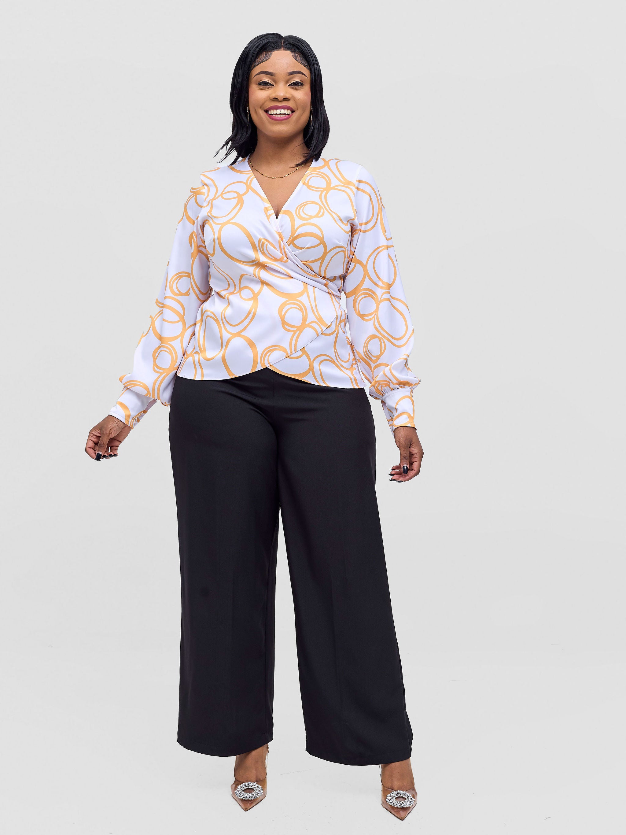 Vivo Merika Satin Wrap Top - White / Mustard Nito Print
