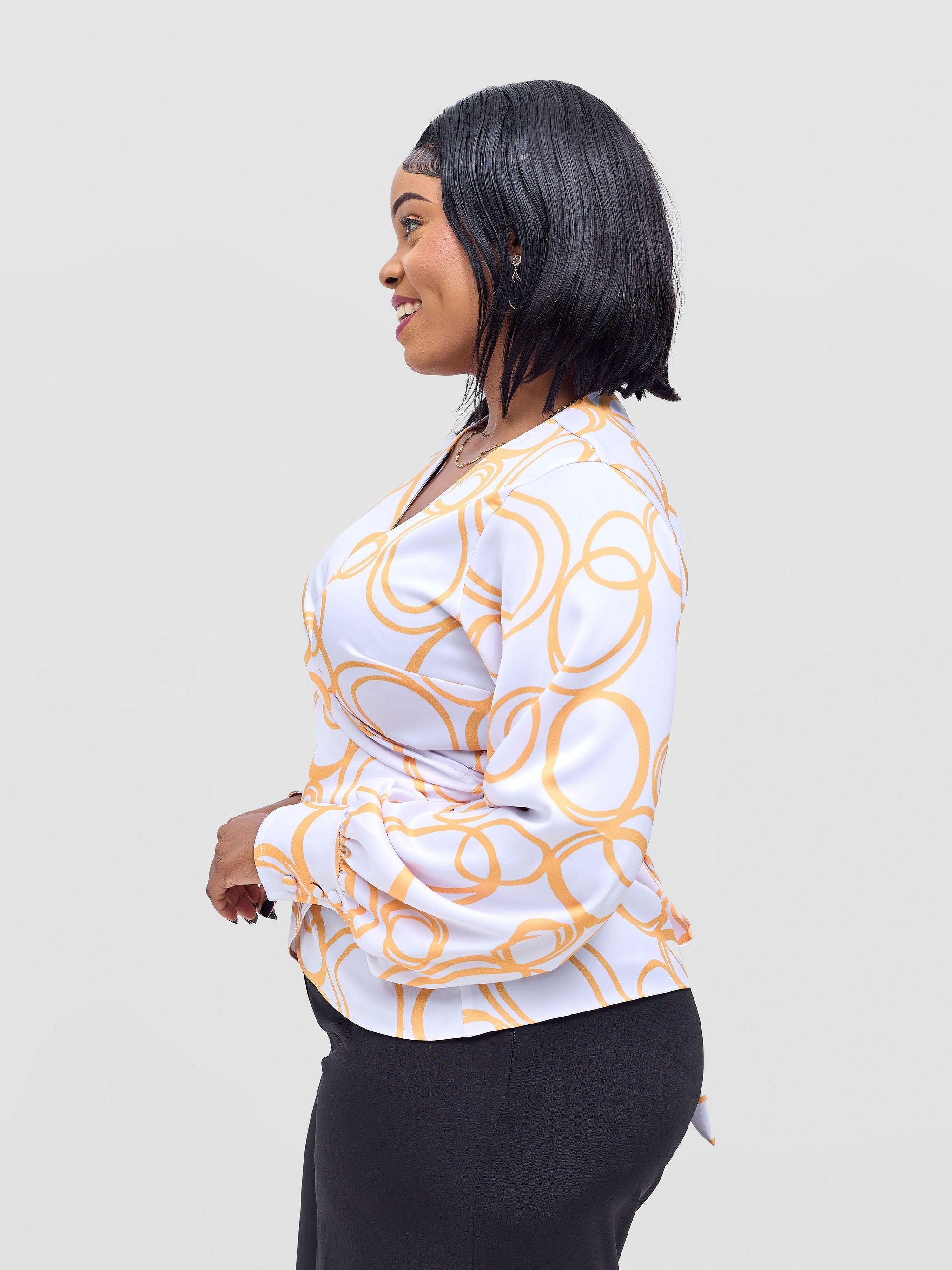 Vivo Merika Satin Wrap Top - White / Mustard Nito Print