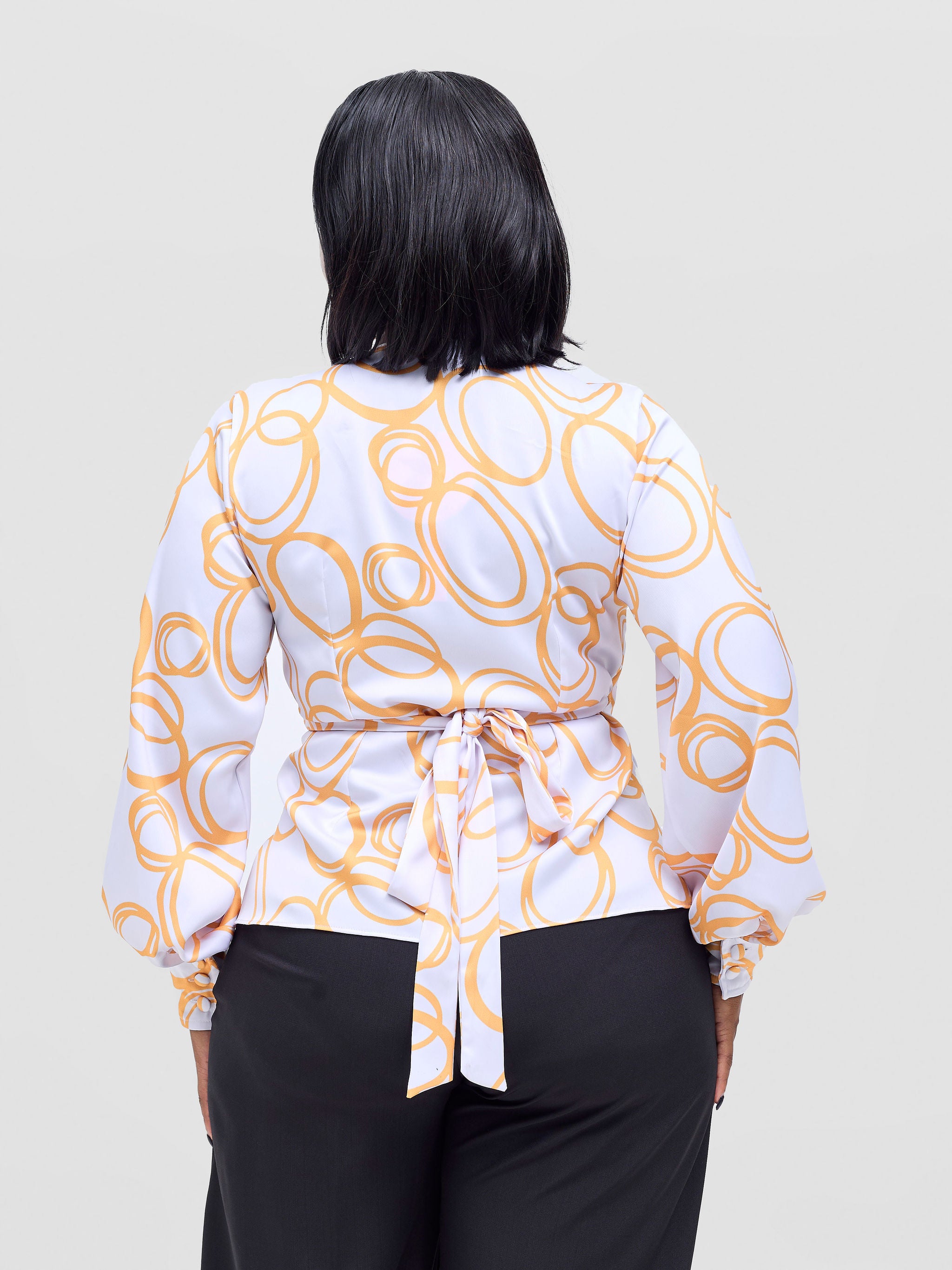 Vivo Merika Satin Wrap Top - White / Mustard Nito Print