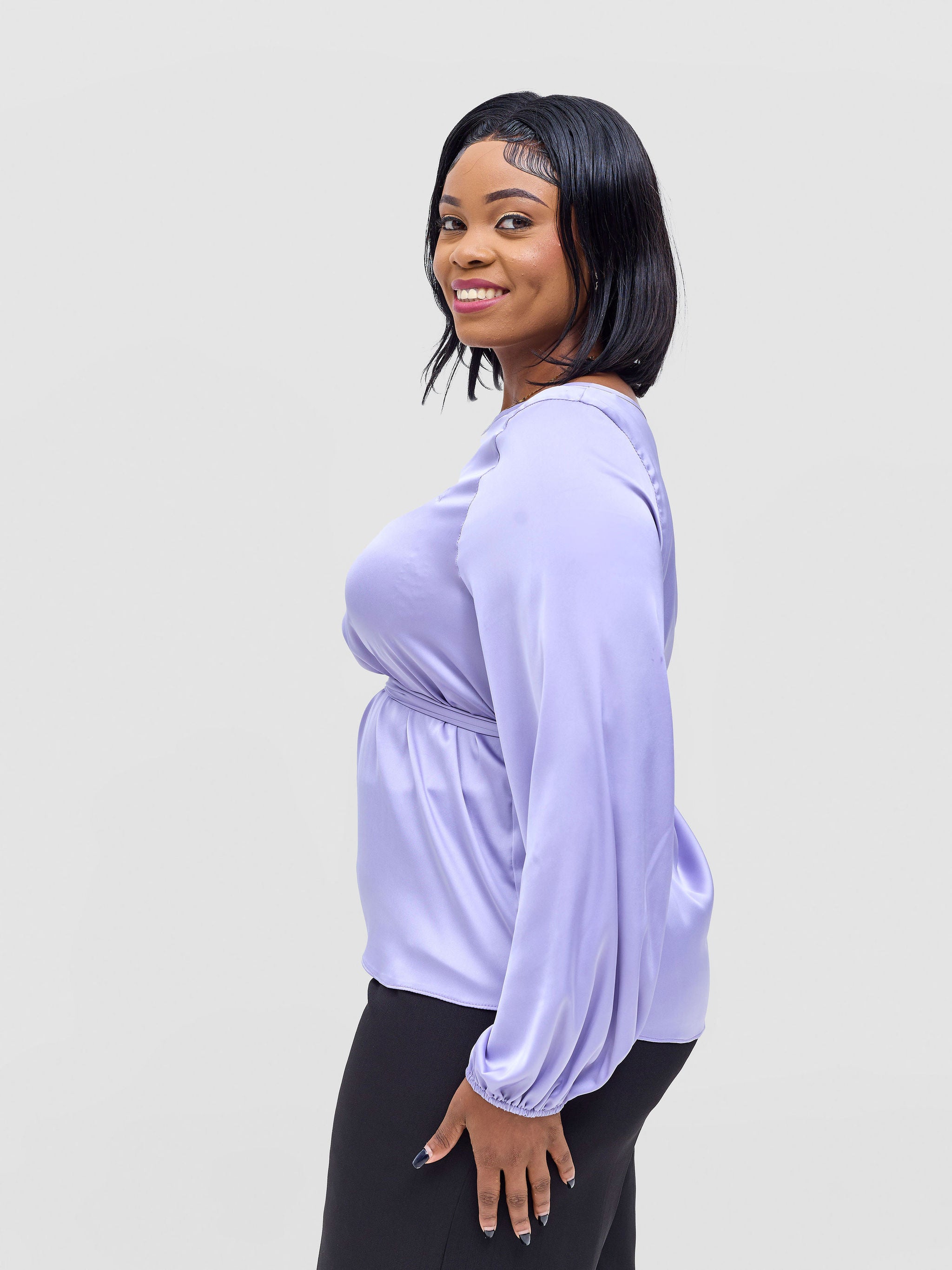 Vivo Basic Satin Bishop Sleeved Top - Lilac