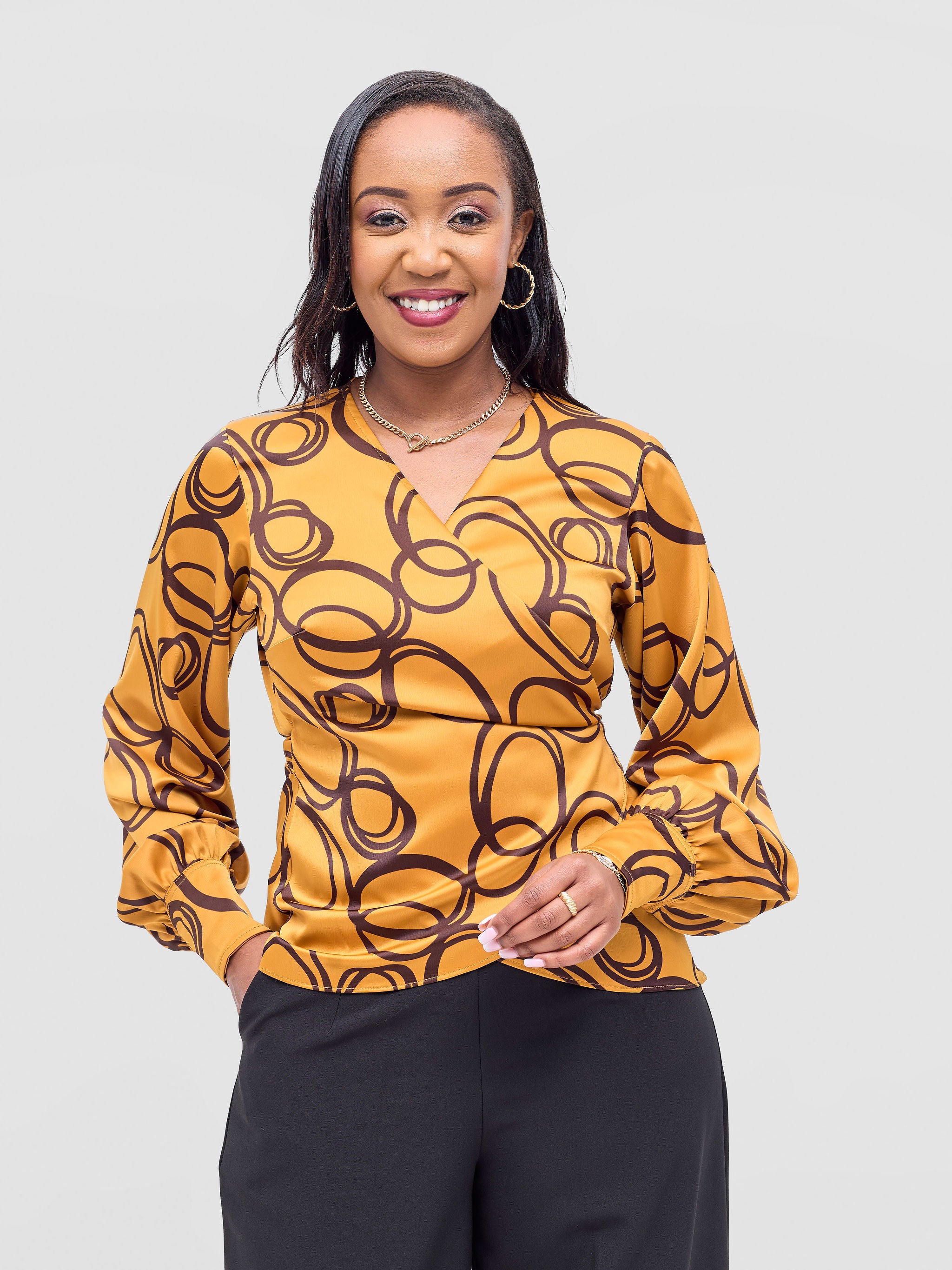 Vivo Merika Satin Wrap Top - Mustard / Dark Brown Nito Print