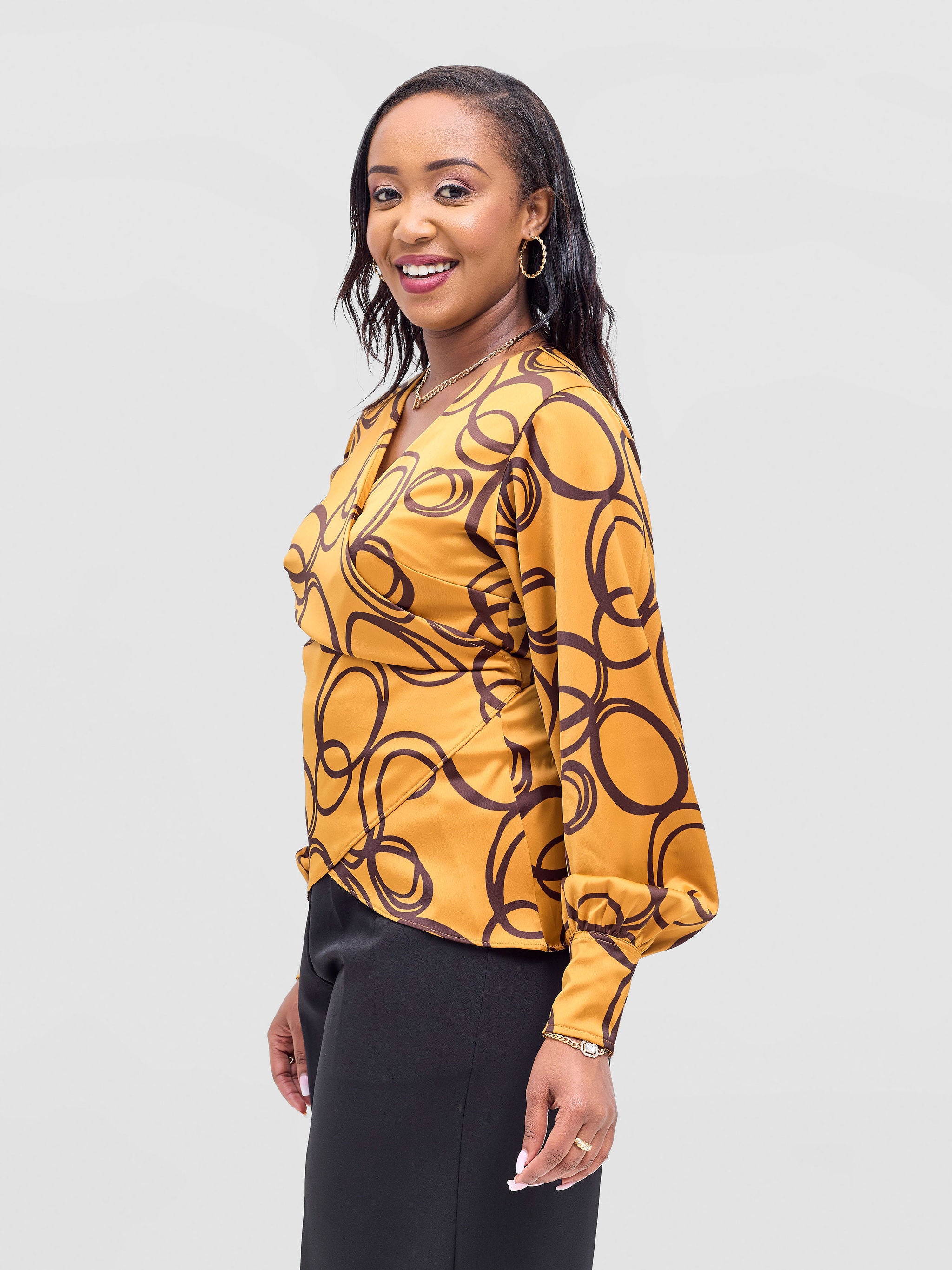 Vivo Merika Satin Wrap Top - Mustard / Dark Brown Nito Print
