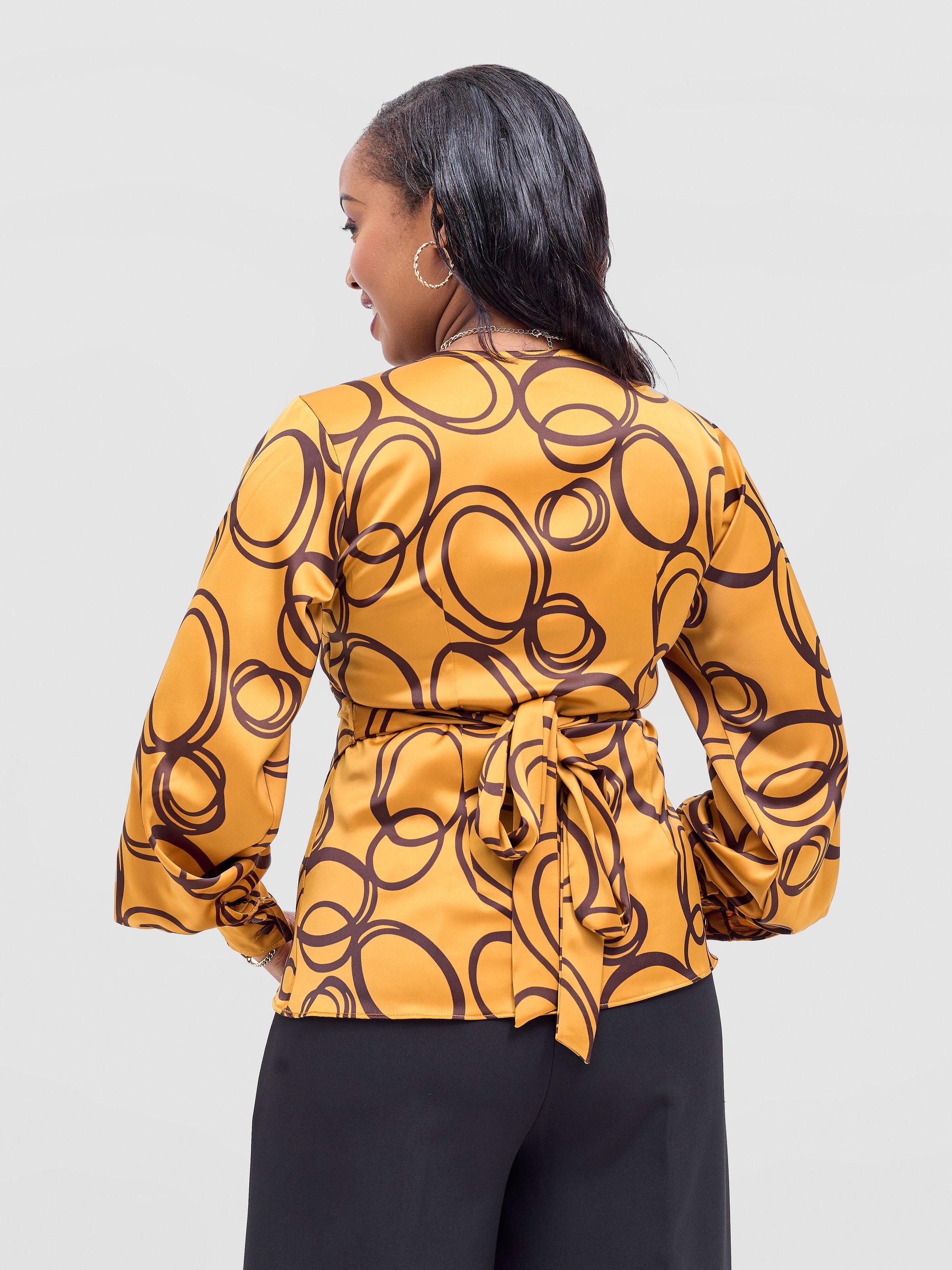 Vivo Merika Satin Wrap Top - Mustard / Dark Brown Nito Print