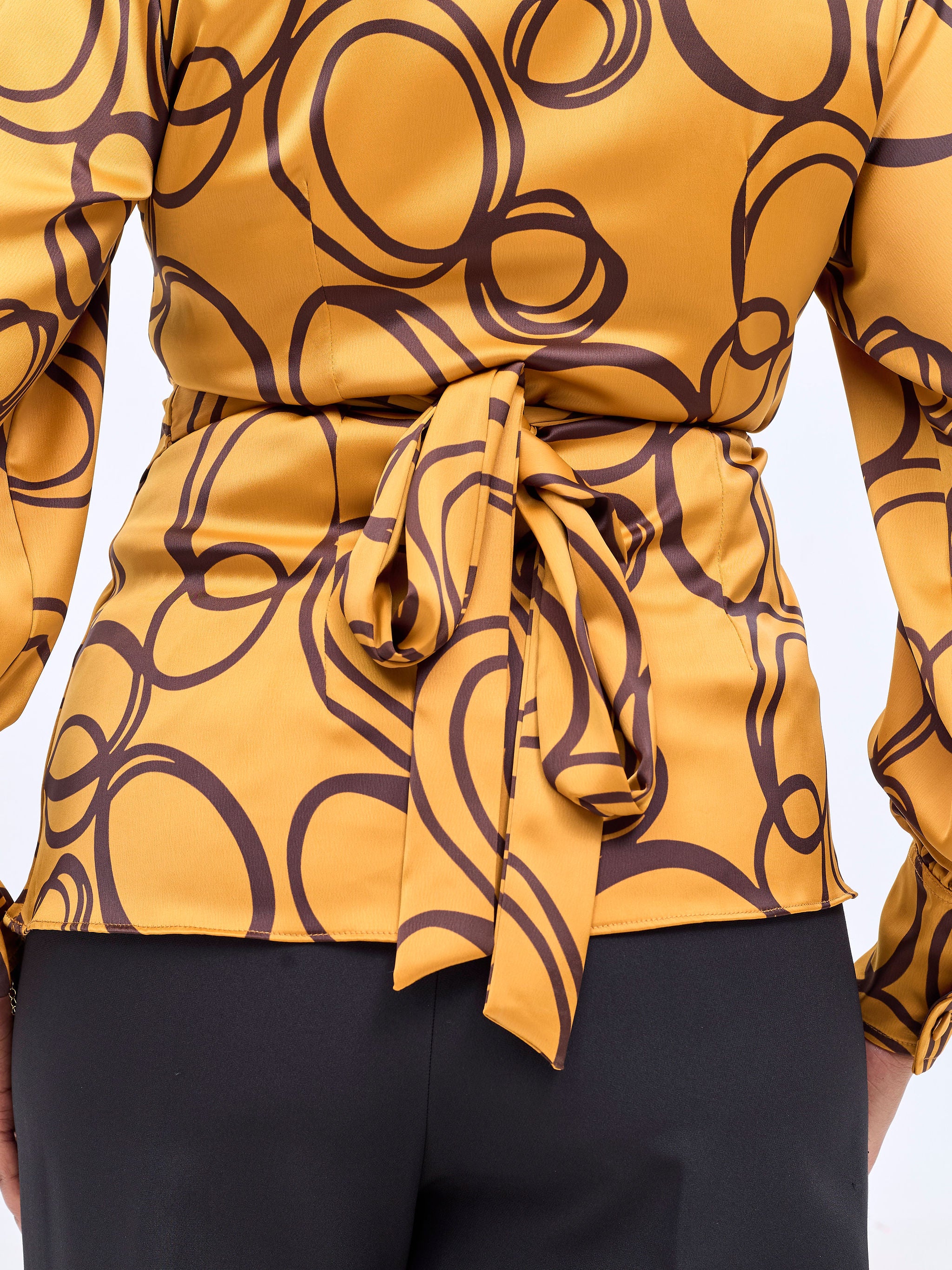 Vivo Merika Satin Wrap Top - Mustard / Dark Brown Nito Print
