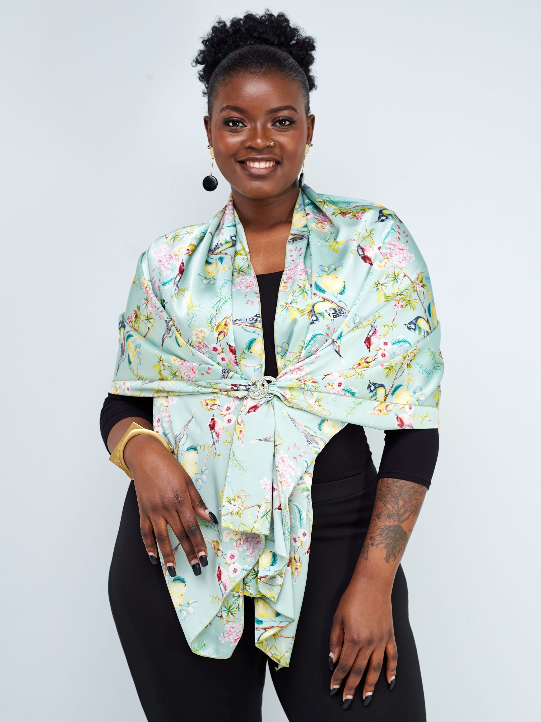 Vivo Basic Satin Scarf - Mint / Pink Floral Print