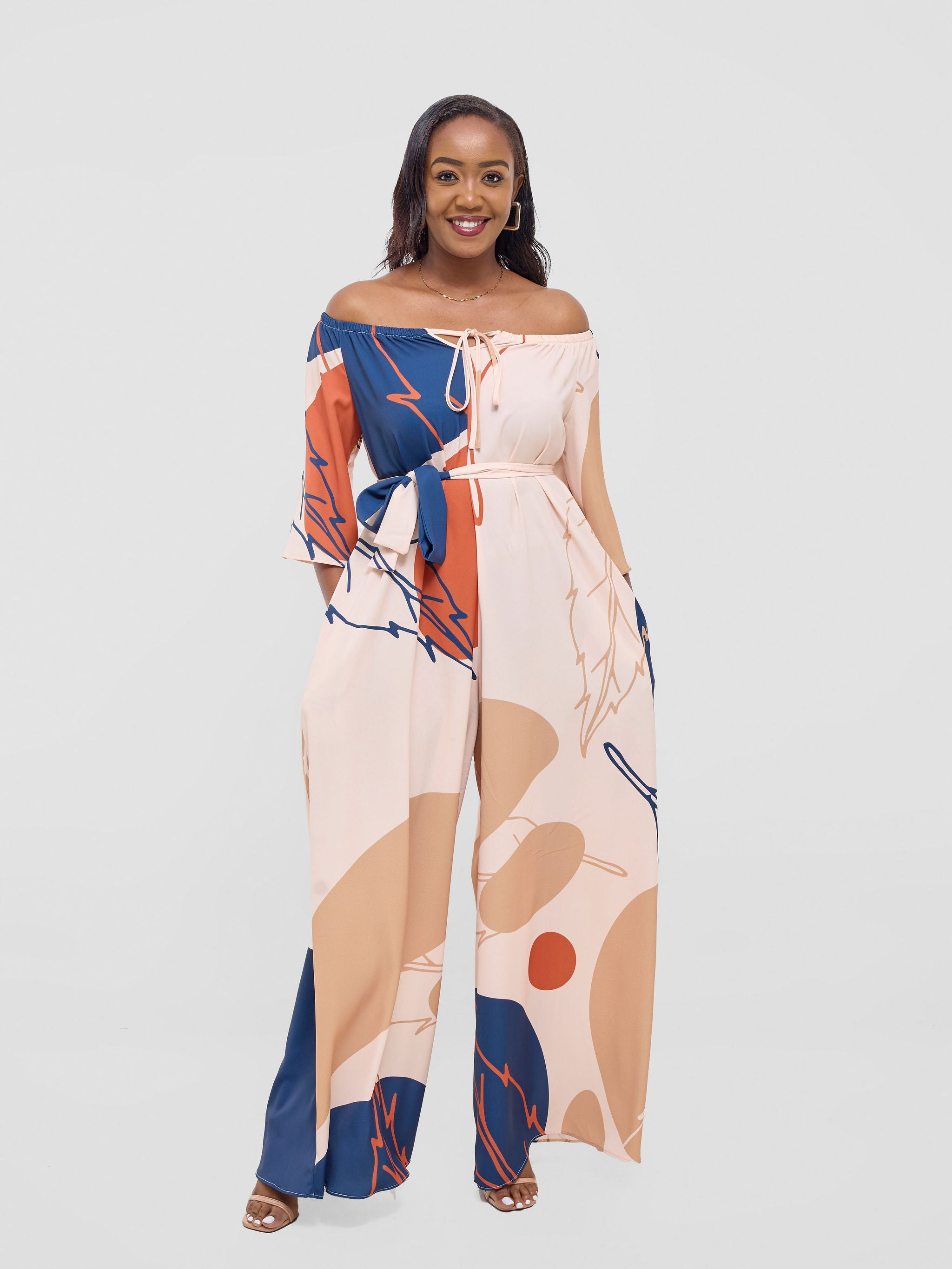 Vivo Zahari 3/4 Sleeve Off-Shoulder Jumpsuit - Orange / Teal Bali Print