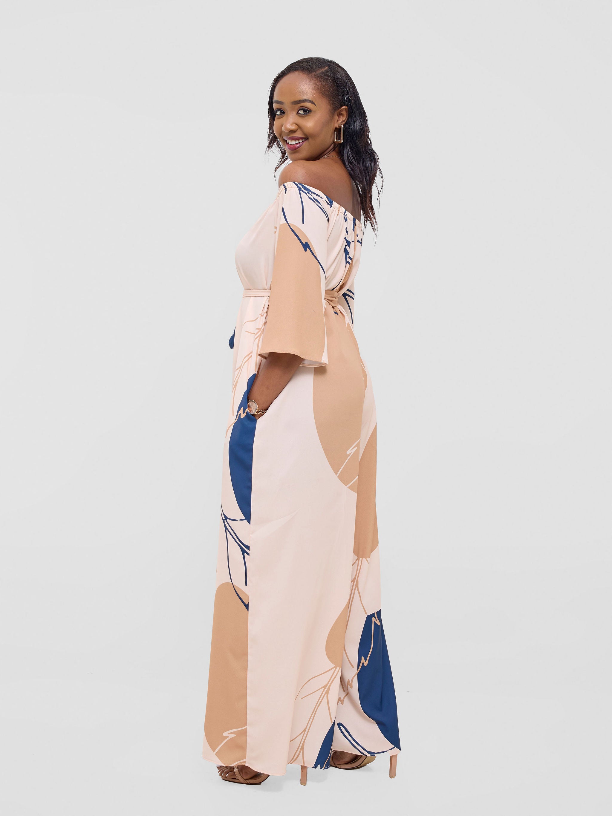 Vivo Zahari 3/4 Sleeve Off-Shoulder Jumpsuit - Orange / Teal Bali Print