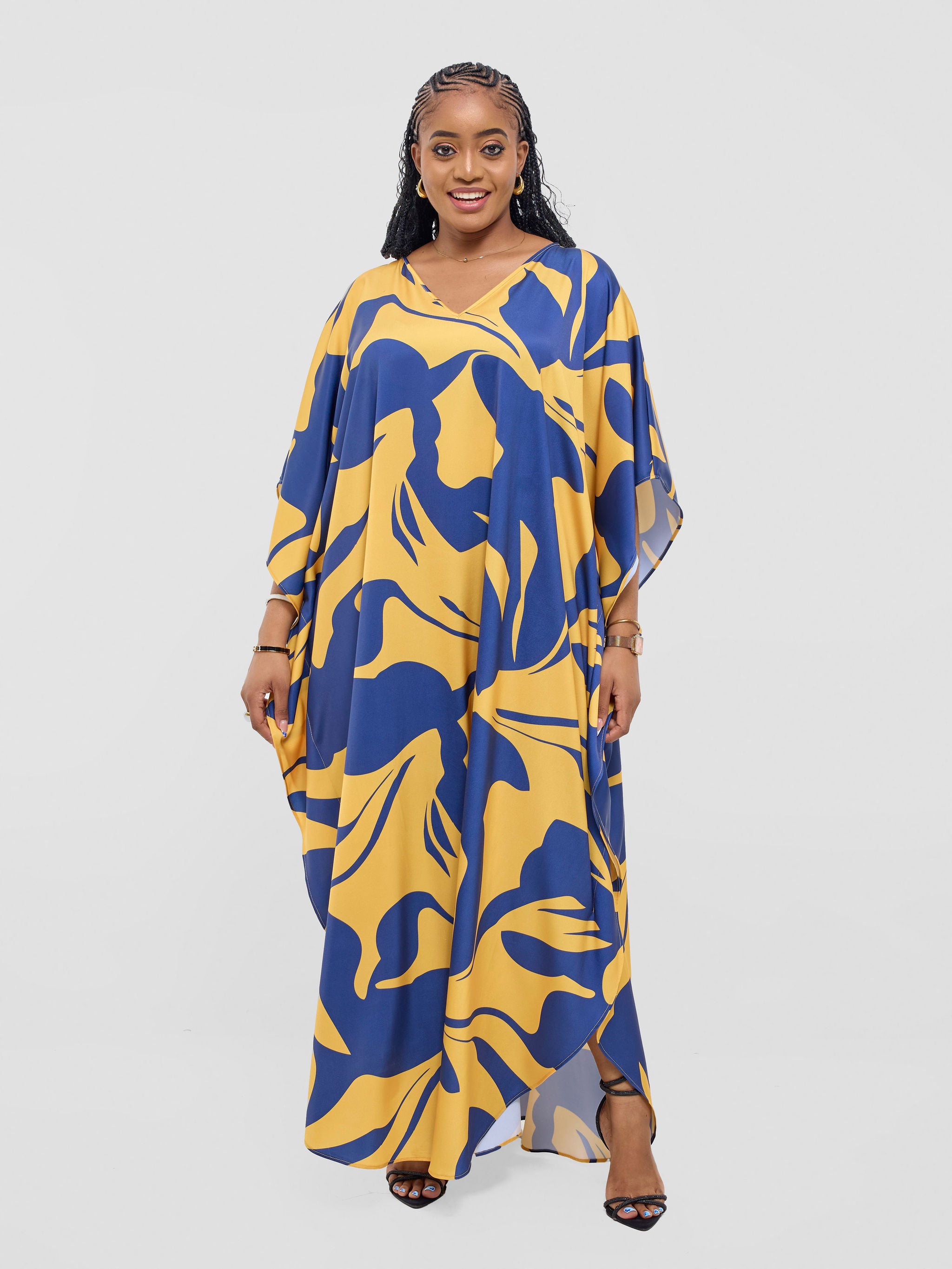 Vivo Amai Maxi Kaftan Dress - Mustard / Navy Ziwe Print