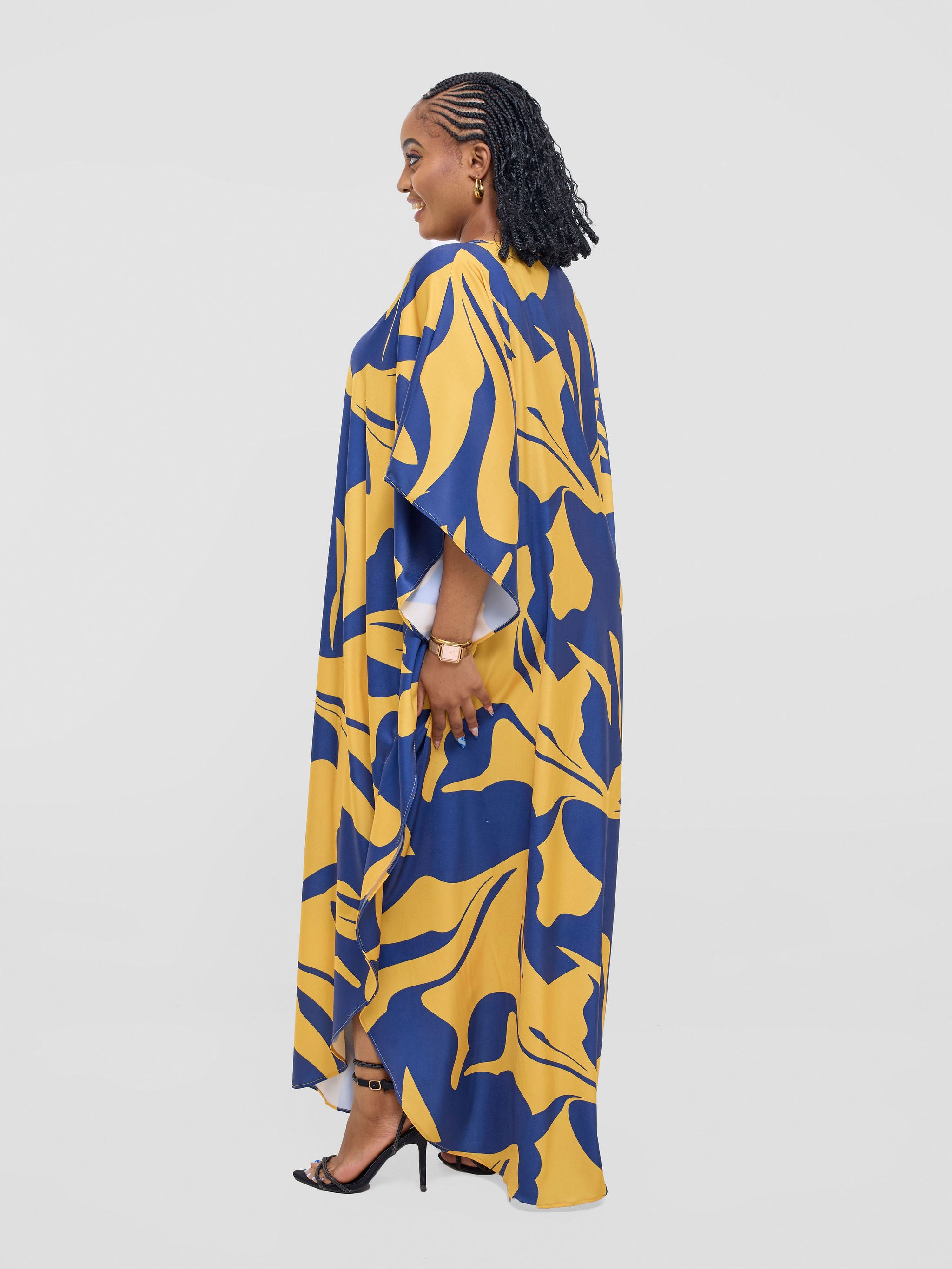 Vivo Amai Maxi Kaftan Dress - Mustard / Navy Ziwe Print