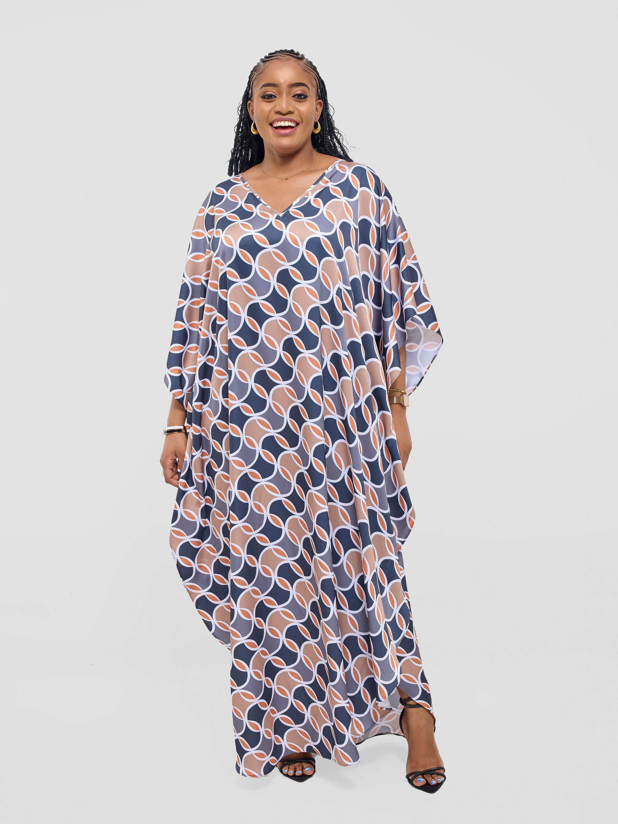 Vivo Amai Maxi Kaftan Dress - Grey / Taupe Emi Print