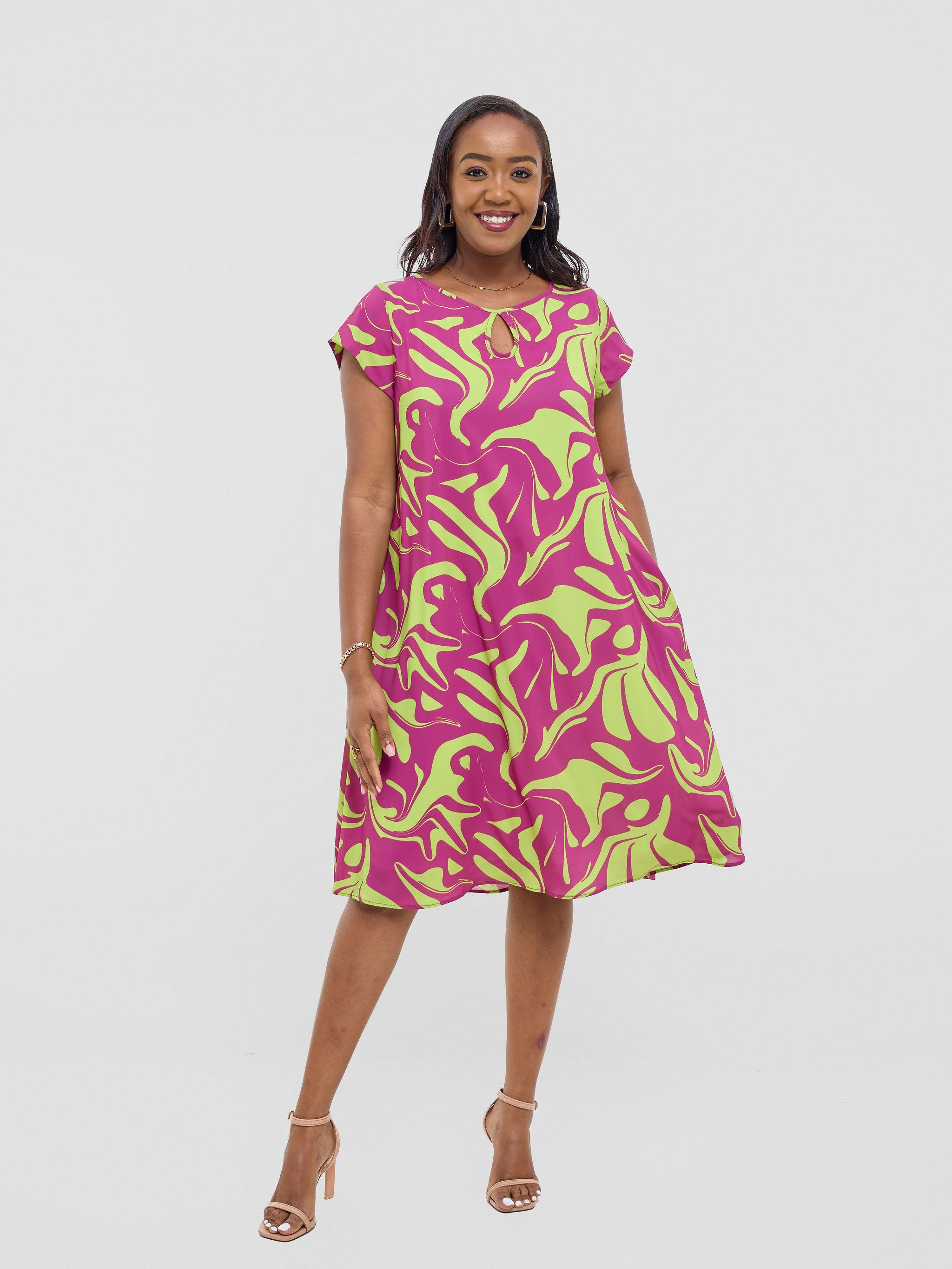 Vivo Sierra Cap Sleeve Tent Chiffon Dress - Lime / Purple Zazi Print