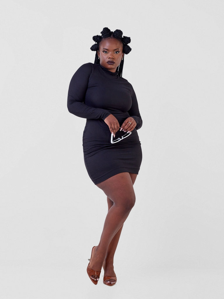 Carrie Wahu X SZ Mock Neck Double Layered Dress - Black - Shopzetu
