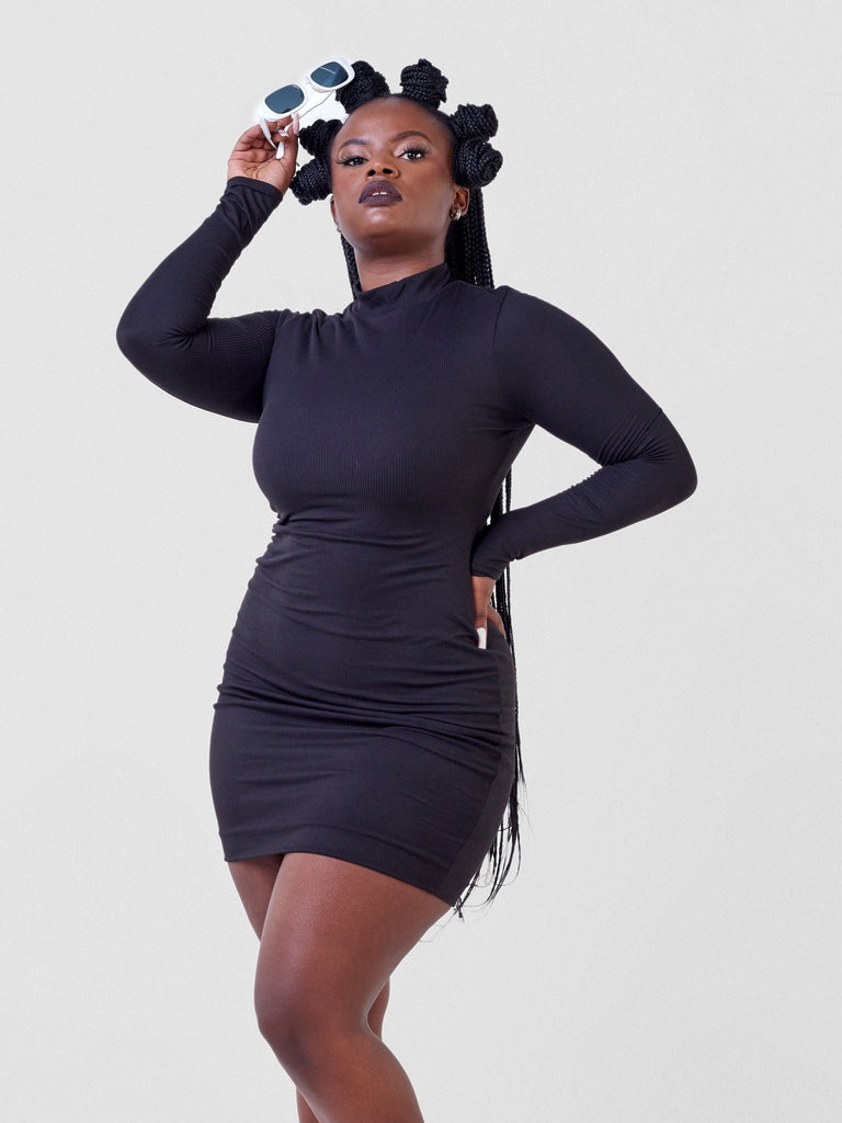 Carrie Wahu X SZ Mock Neck Double Layered Dress - Black - Shopzetu