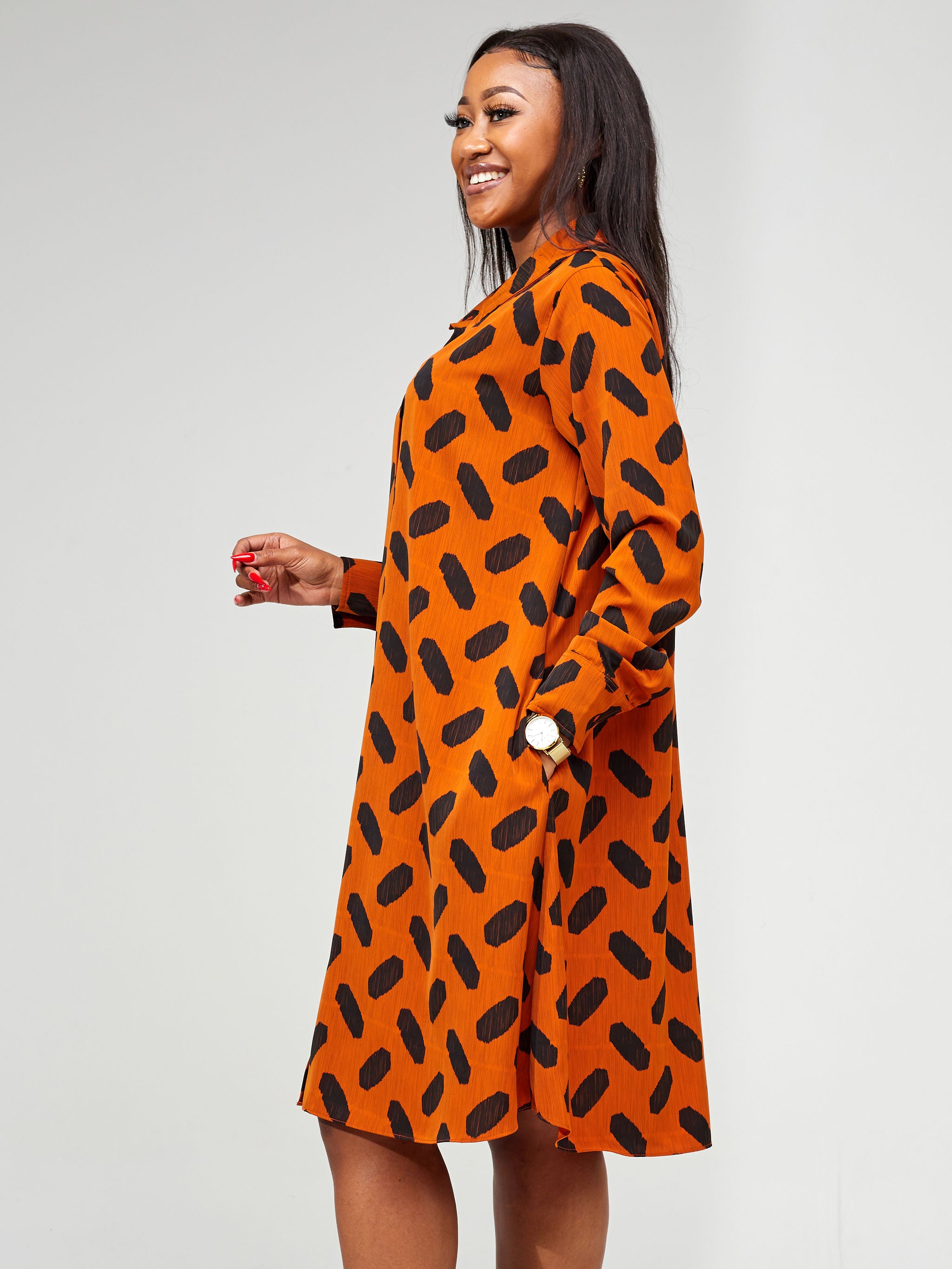 Vivo Basic Long Sleeve Tent Shirt Dress - Rust / Black Abstract Print