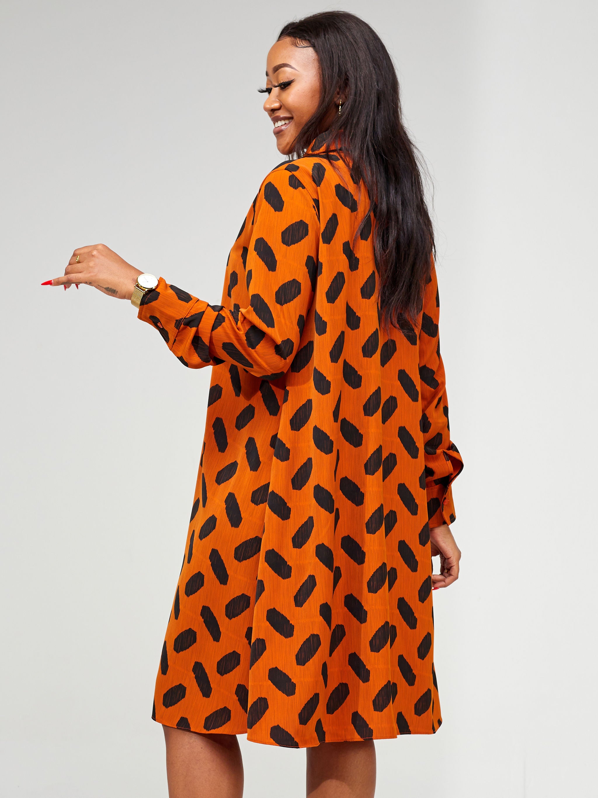 Vivo Basic Long Sleeve Tent Shirt Dress - Rust / Black Abstract Print