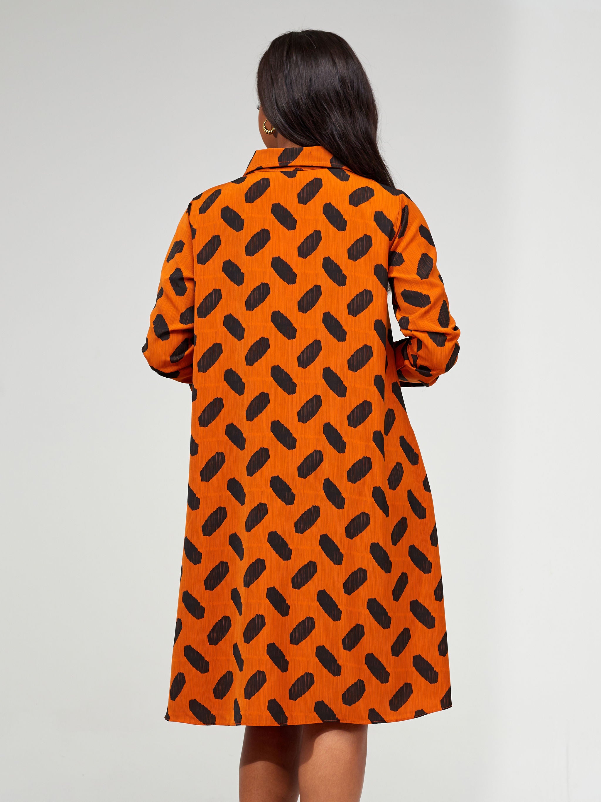 Vivo Basic Long Sleeve Tent Shirt Dress - Rust / Black Abstract Print