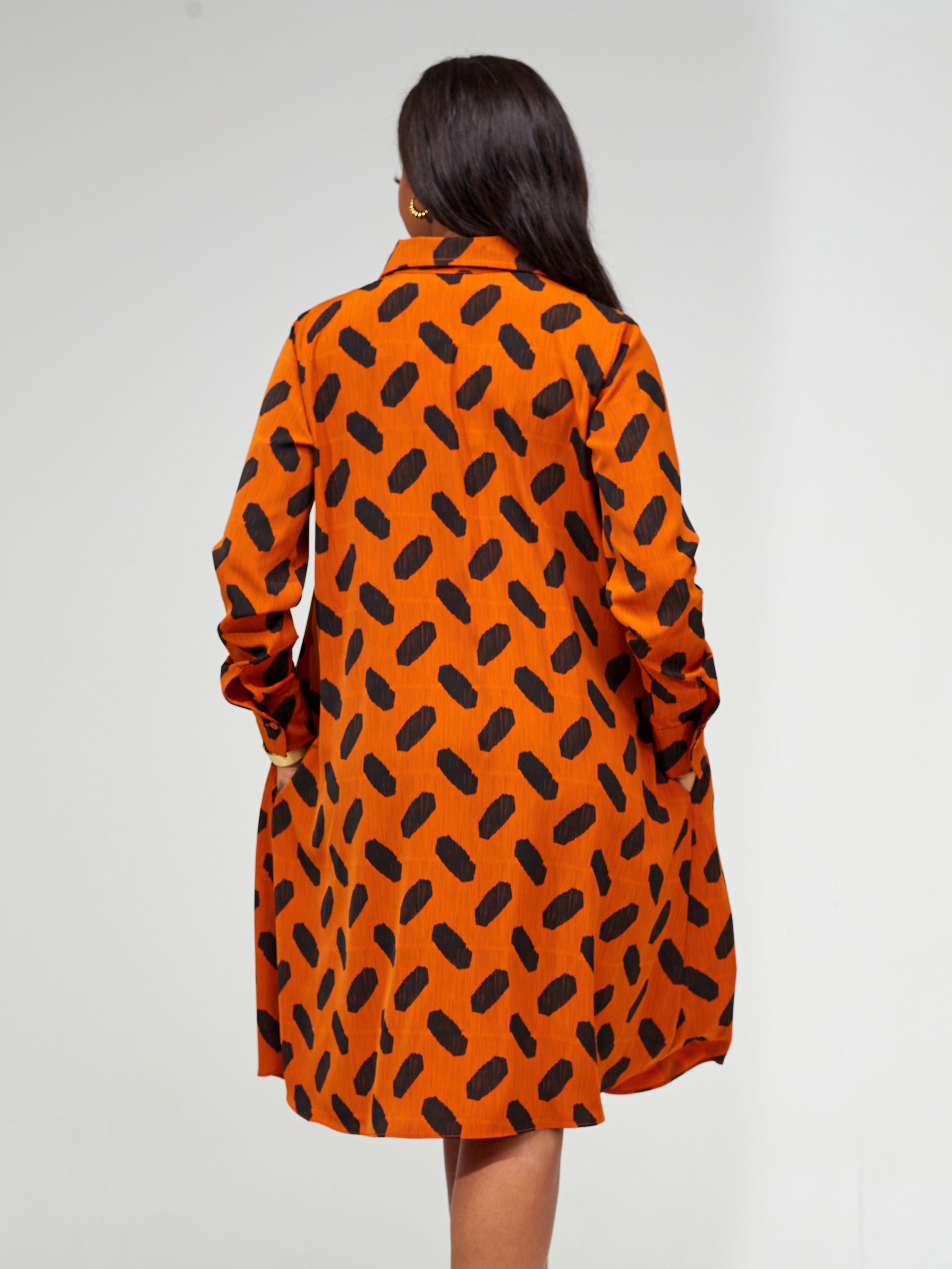 Vivo Basic Long Sleeve Tent Shirt Dress - Rust / Black Abstract Print