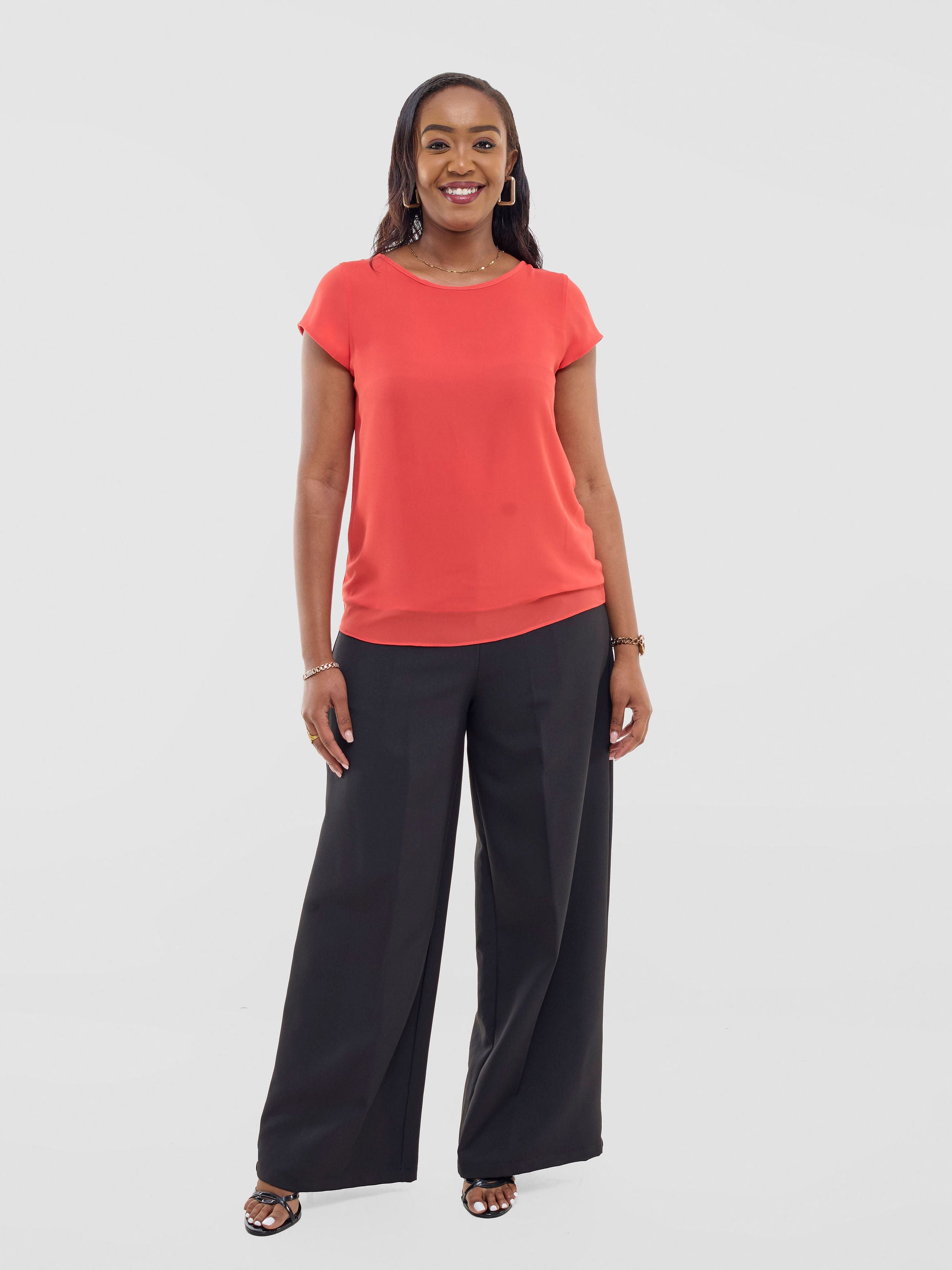 Vivo Basic Chiffon Cap Sleeve Top (Double Layered) - Coral