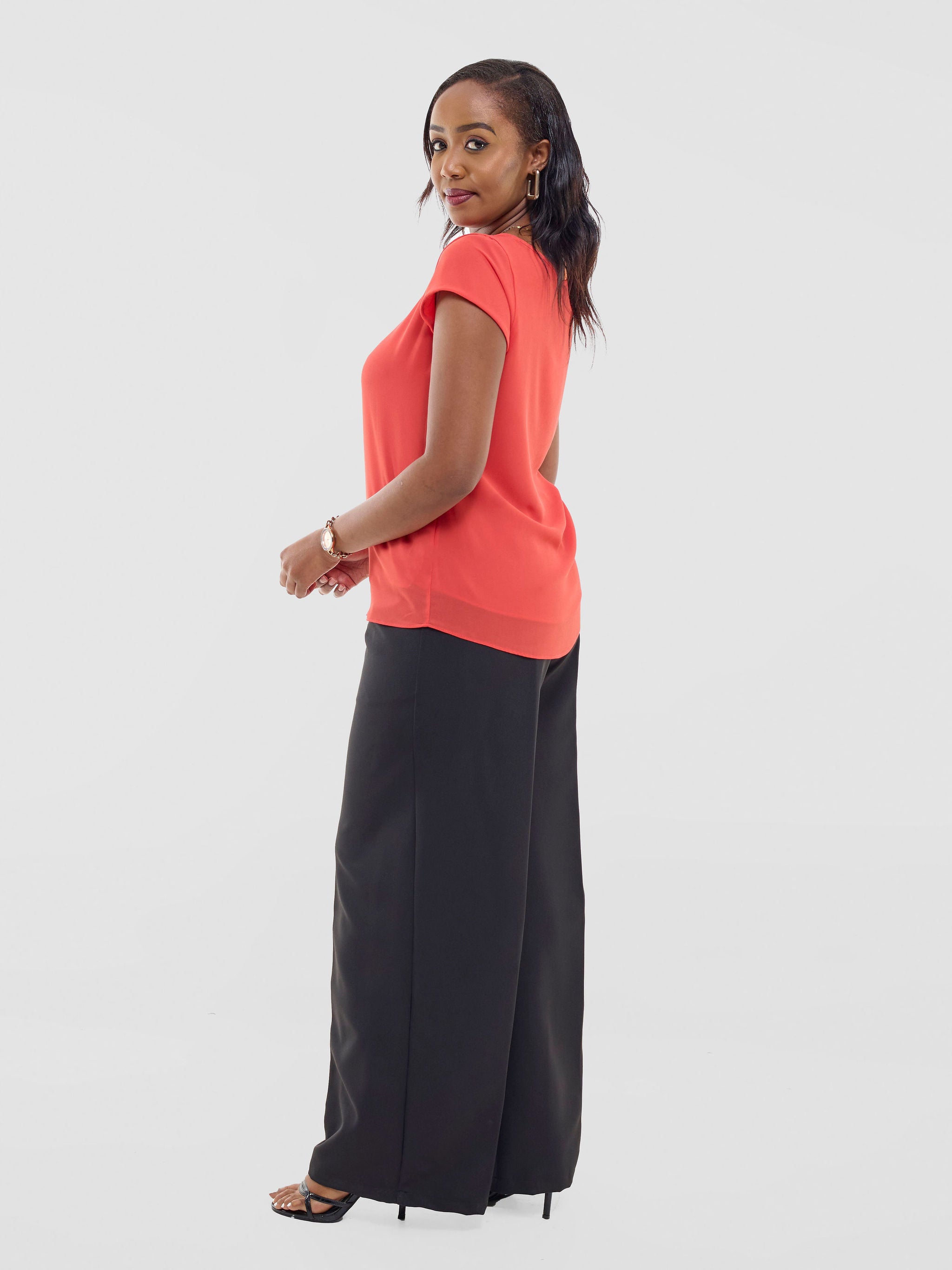 Vivo Basic Chiffon Cap Sleeve Top (Double Layered) - Coral