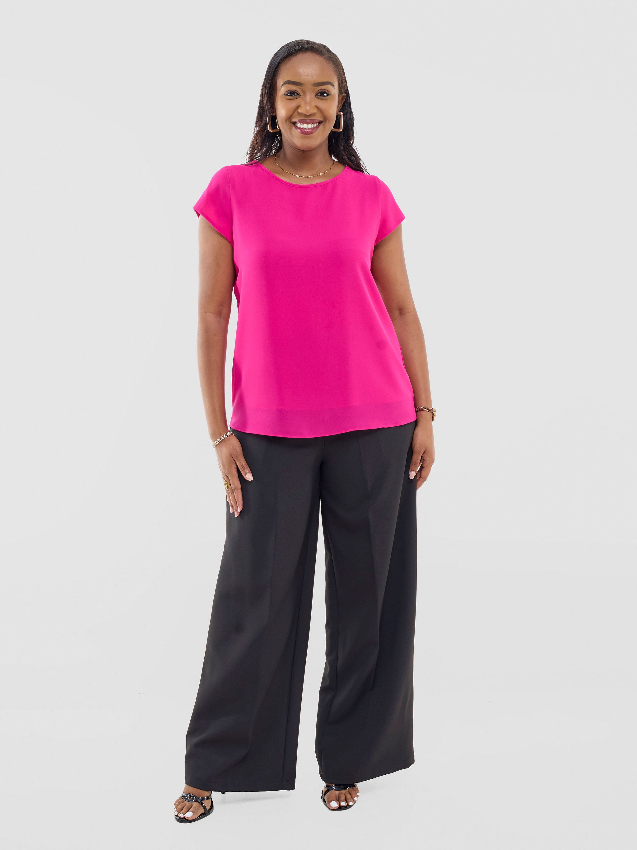 Vivo Basic Chiffon Cap Sleeve Top (Double Layered) - Fuschia