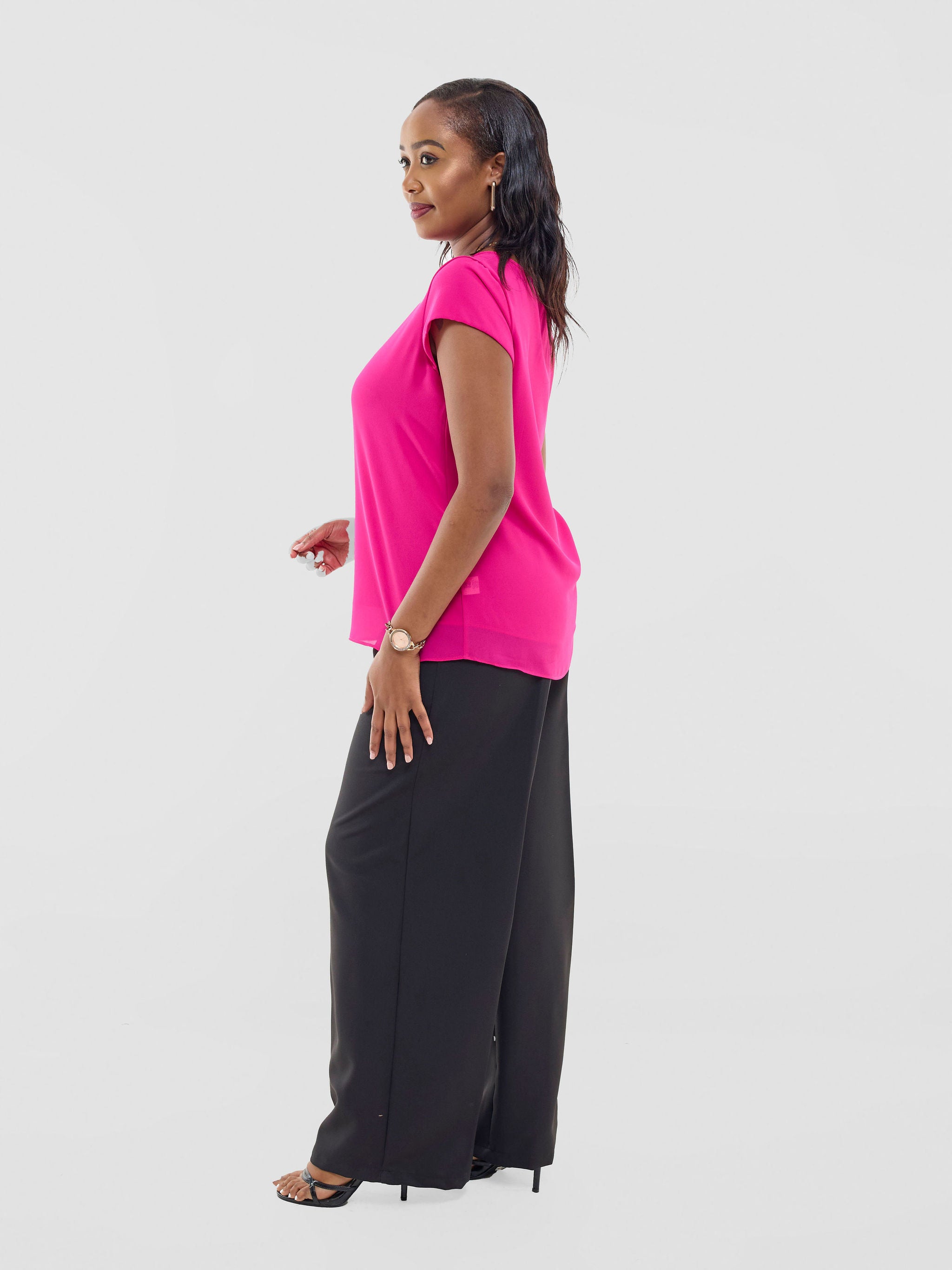 Vivo Basic Chiffon Cap Sleeve Top (Double Layered) - Fuschia