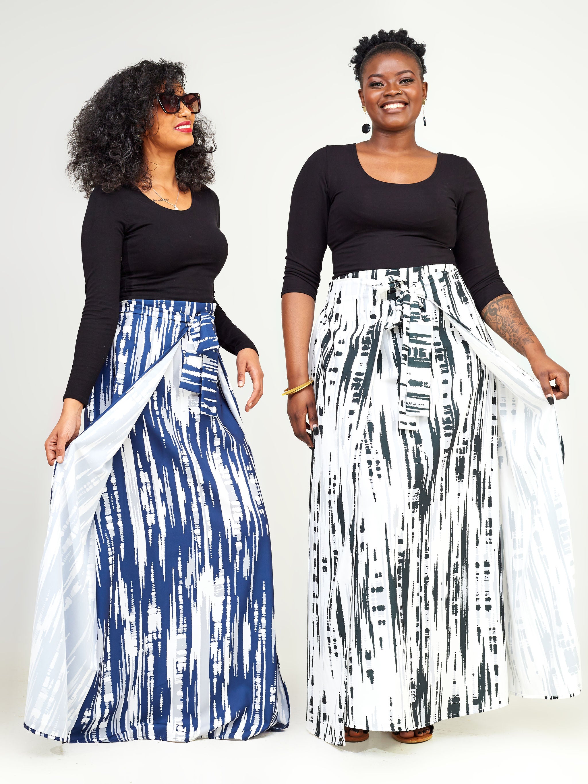 Vivo Wastani Panelled Maxi Skirt - Navy Blue / Grey Abstract Print