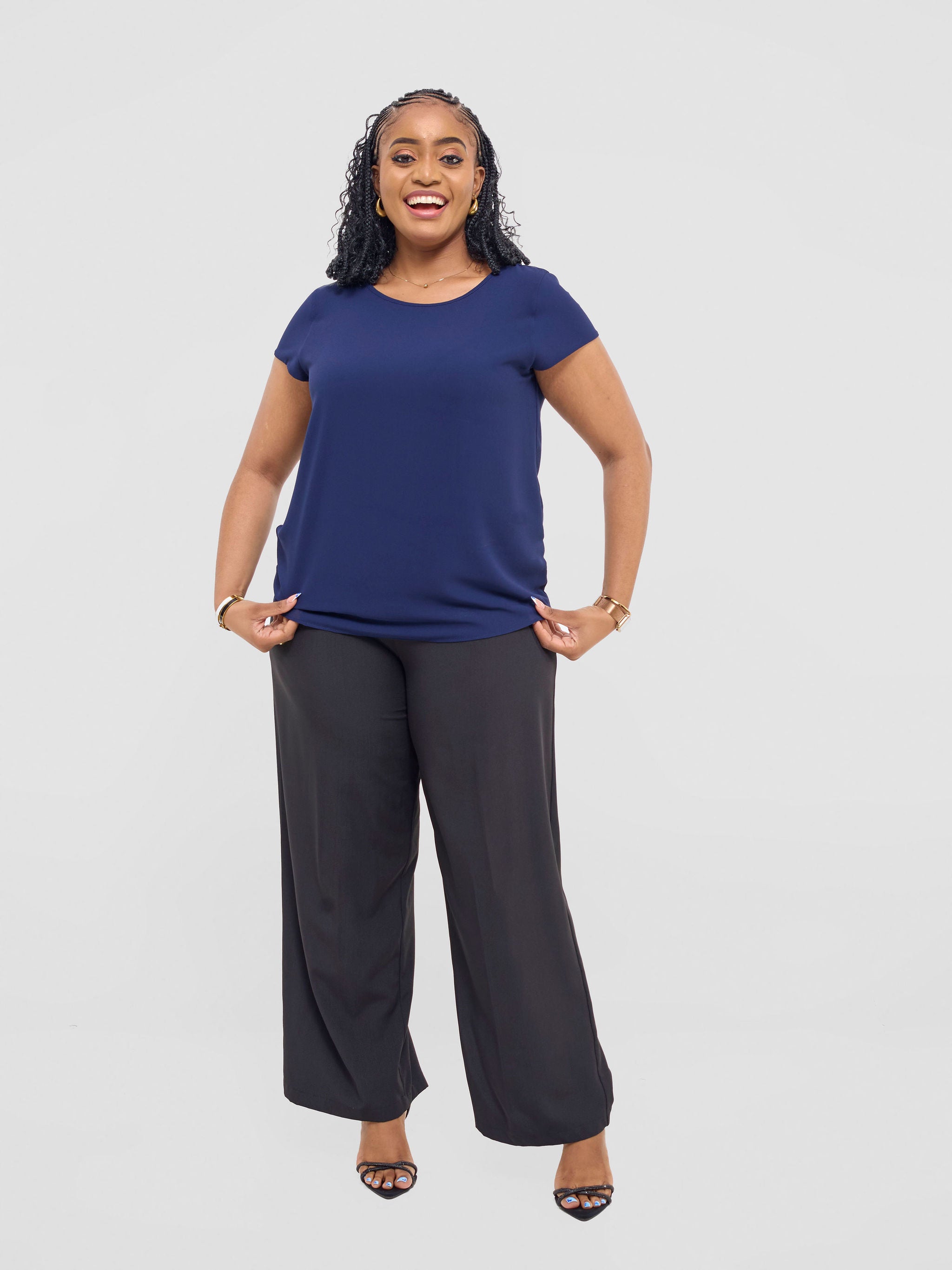 Vivo Basic Chiffon Cap Sleeve Top (Double Layered) - Dark Navy