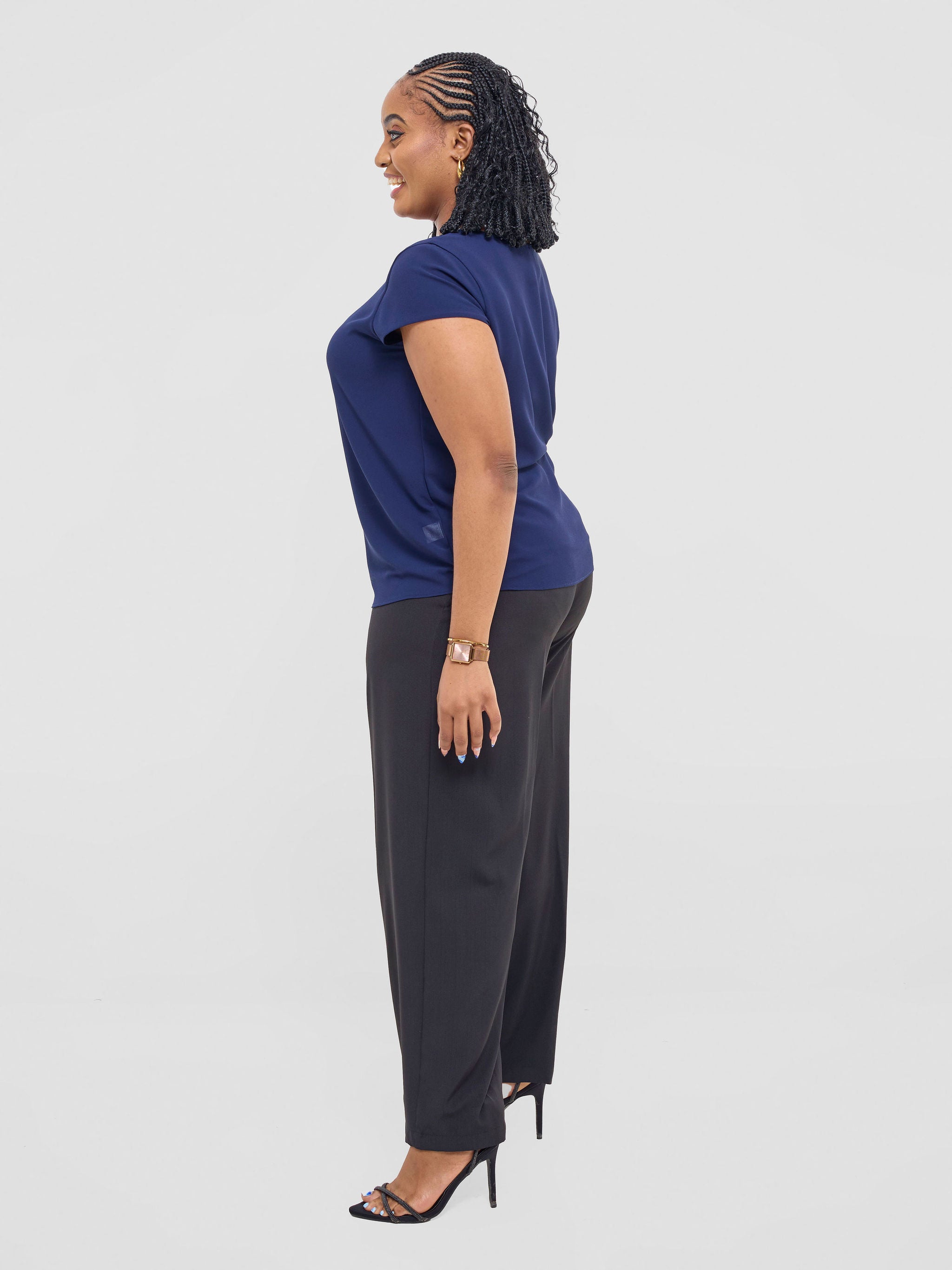 Vivo Basic Chiffon Cap Sleeve Top (Double Layered) - Dark Navy