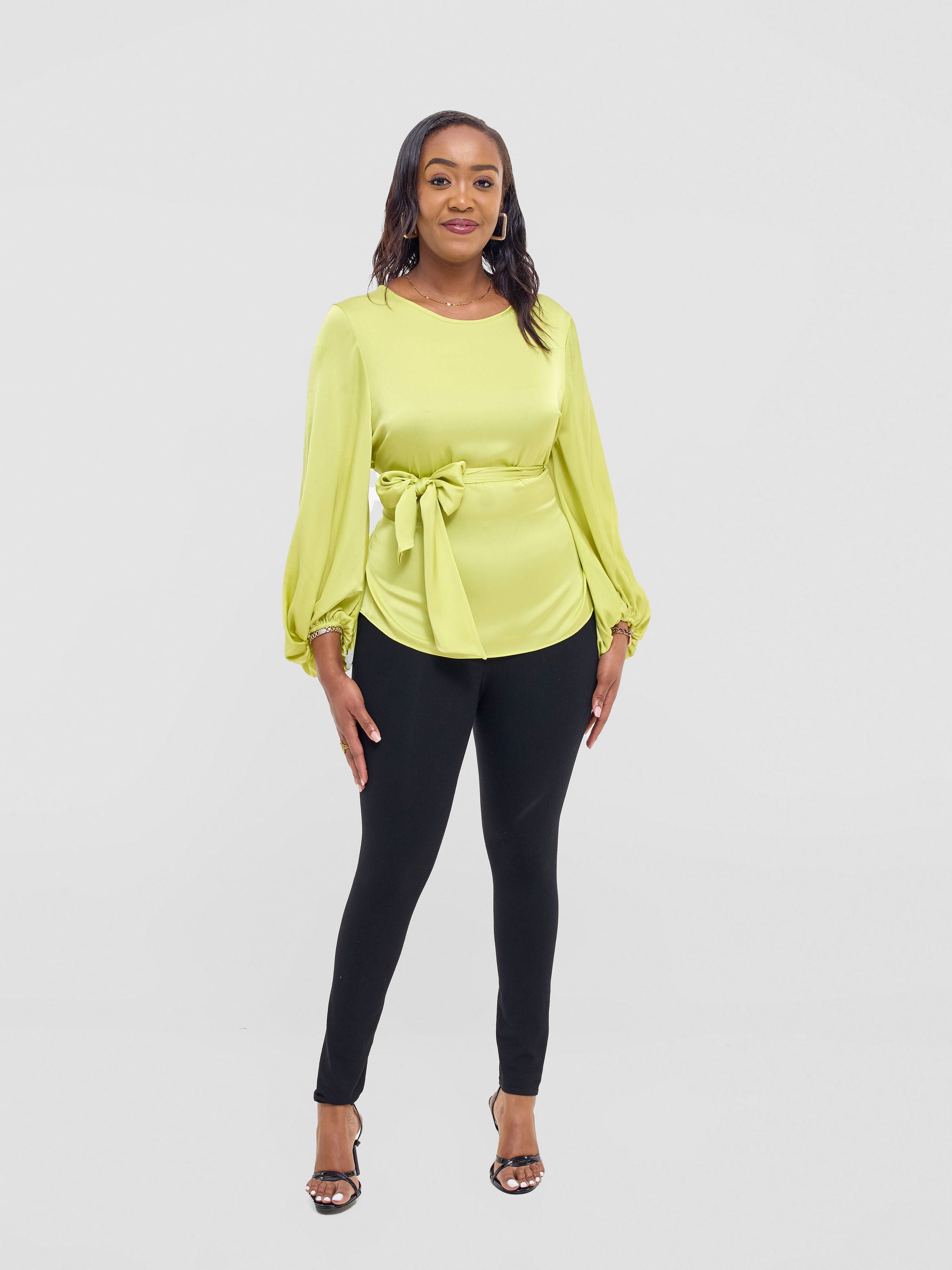 Vivo Izzy Satin Bishop Sleeve Top - Lime