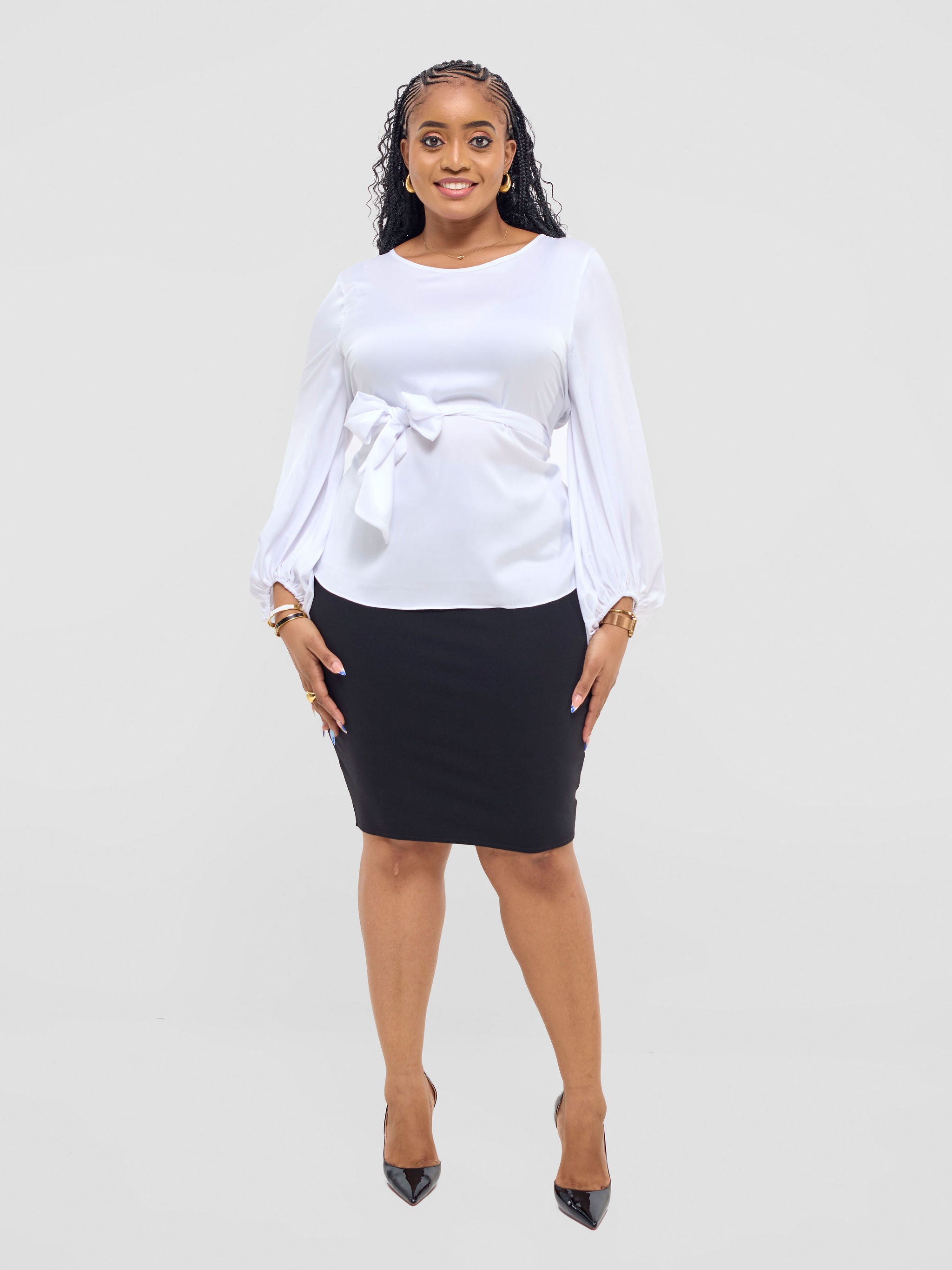 Vivo Izzy Satin Bishop Sleeve Top - White