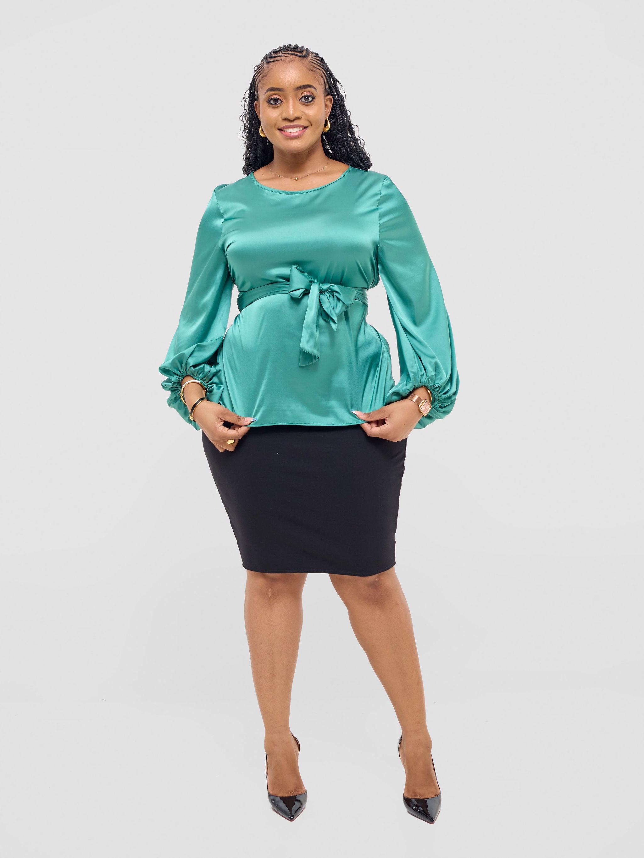 Vivo Izzy Satin Bishop Sleeve Top - Sea Green