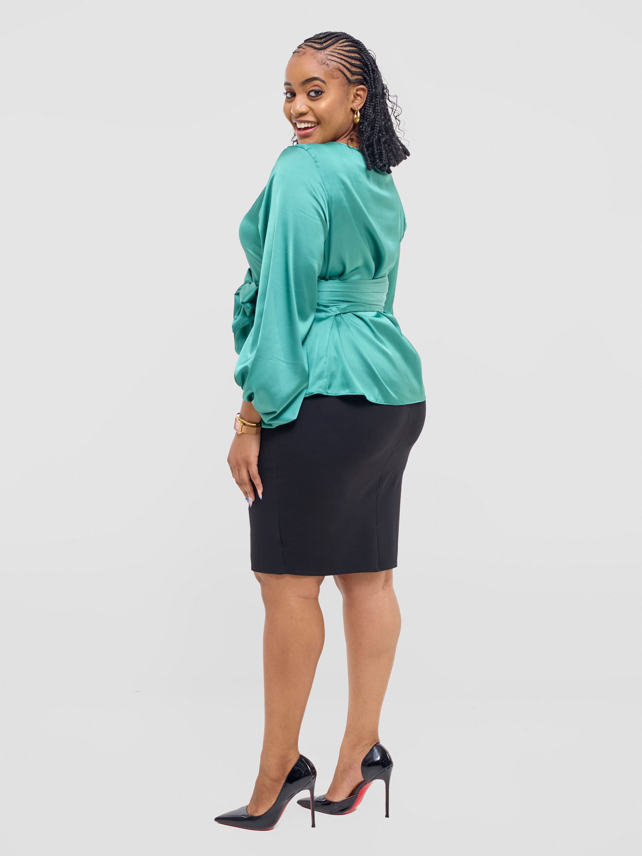 Vivo Izzy Satin Bishop Sleeve Top - Sea Green