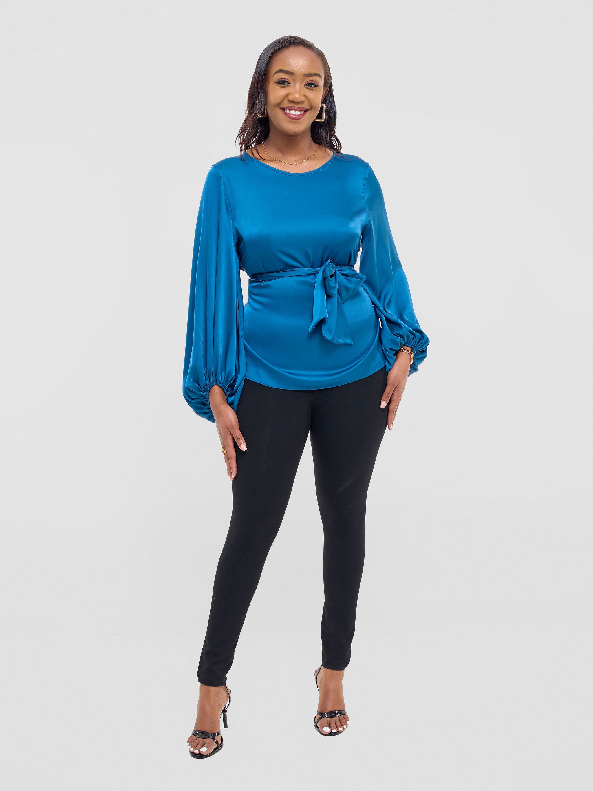 Vivo Basic Izzy Satin Bishop Sleeve Top - Dark Teal