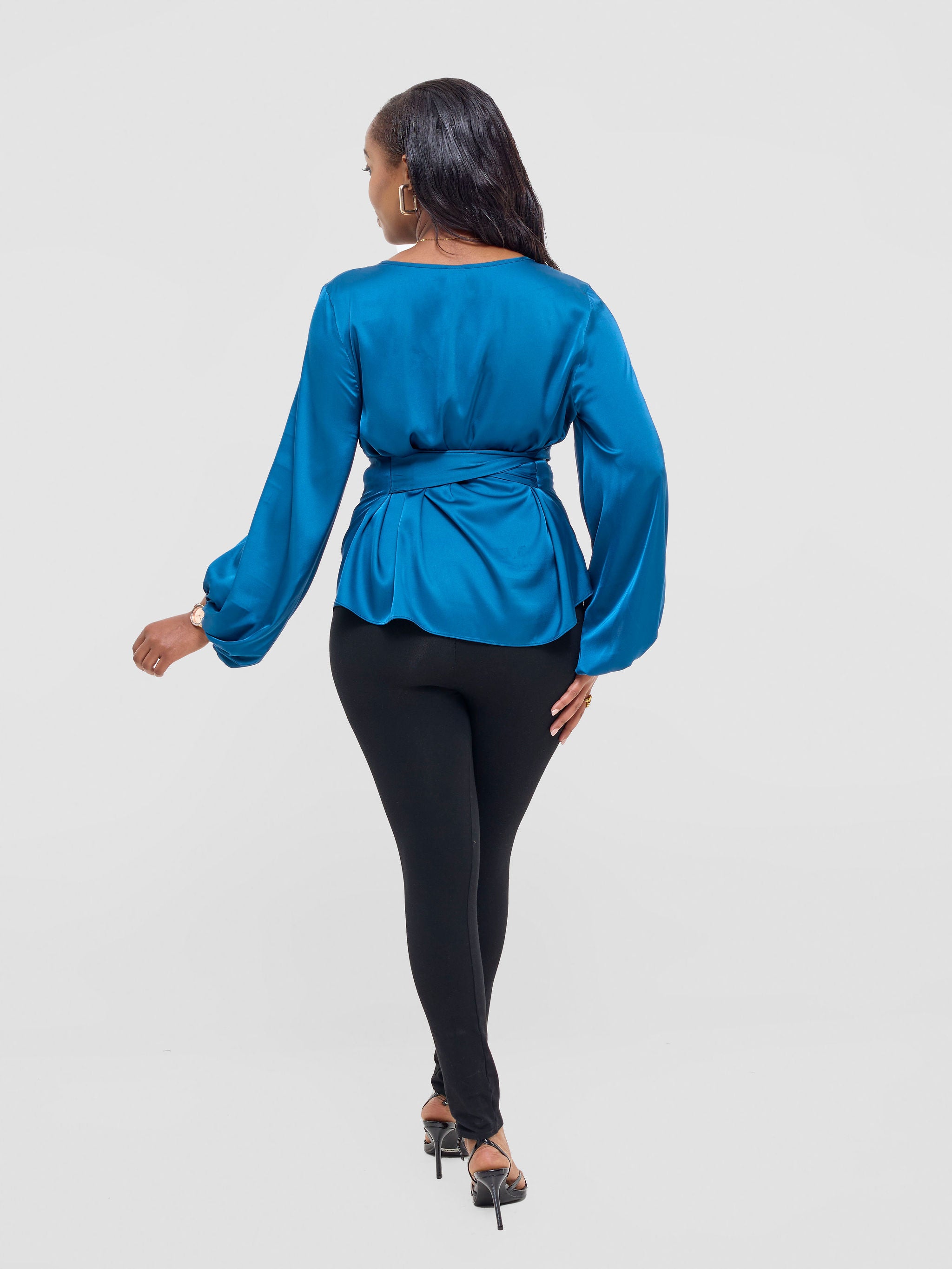 Vivo Basic Izzy Satin Bishop Sleeve Top - Dark Teal