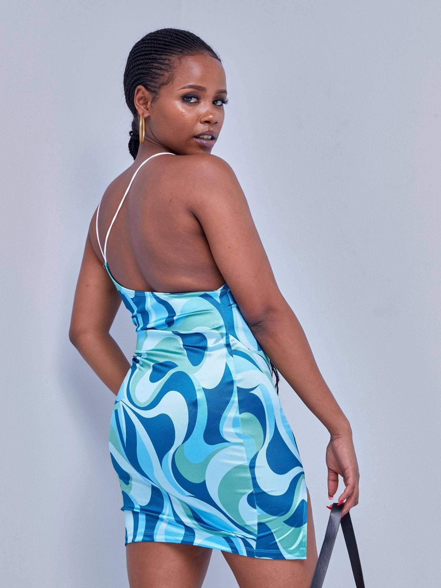 Popular 21 Backless Spaghetti Strap Mini Dress - Blue Green Swirl - Shopzetu