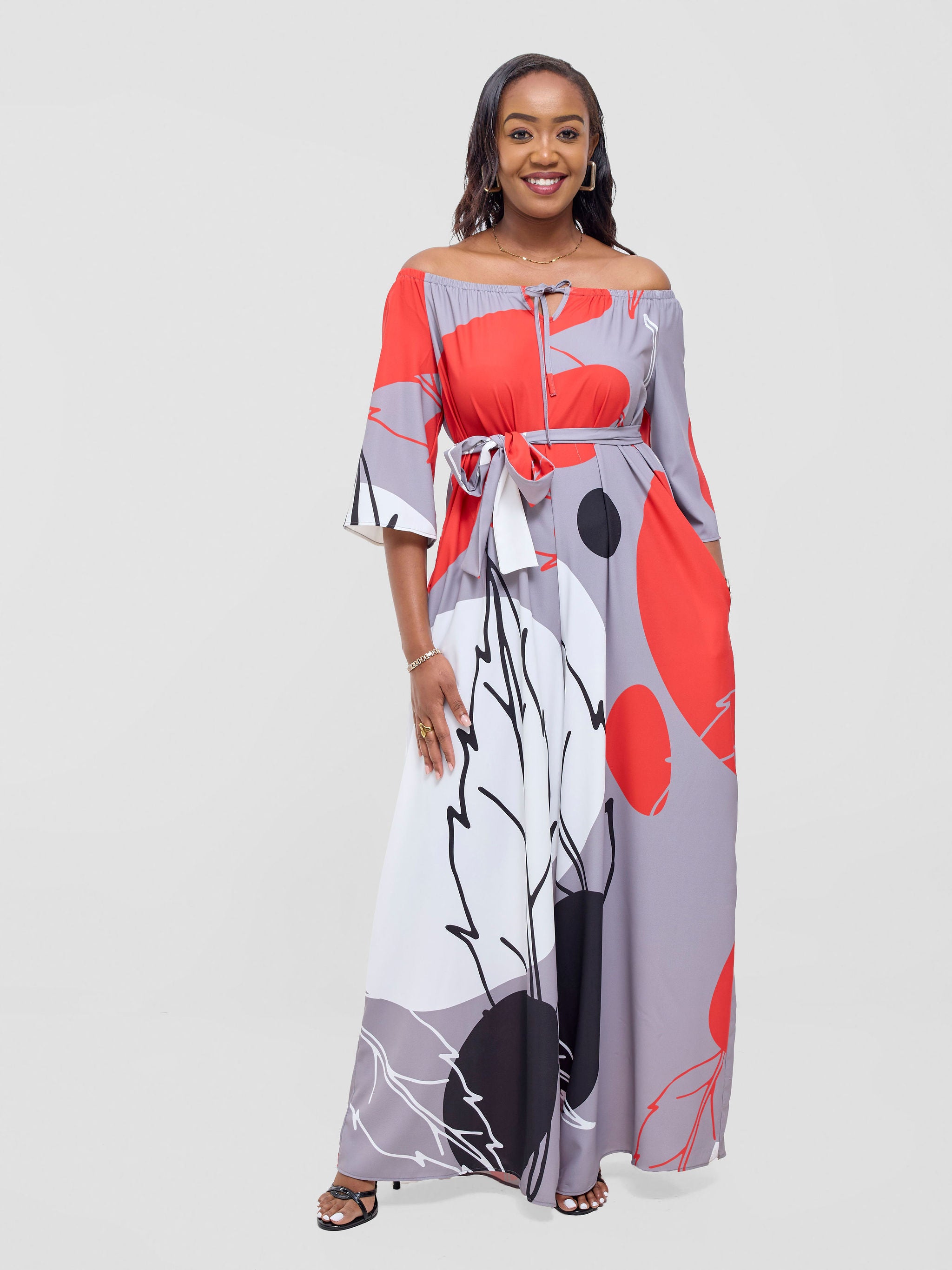 Vivo Zahari 3/4 Sleeve Off-Shoulder Jumpsuit - Grey / Red Bali Print
