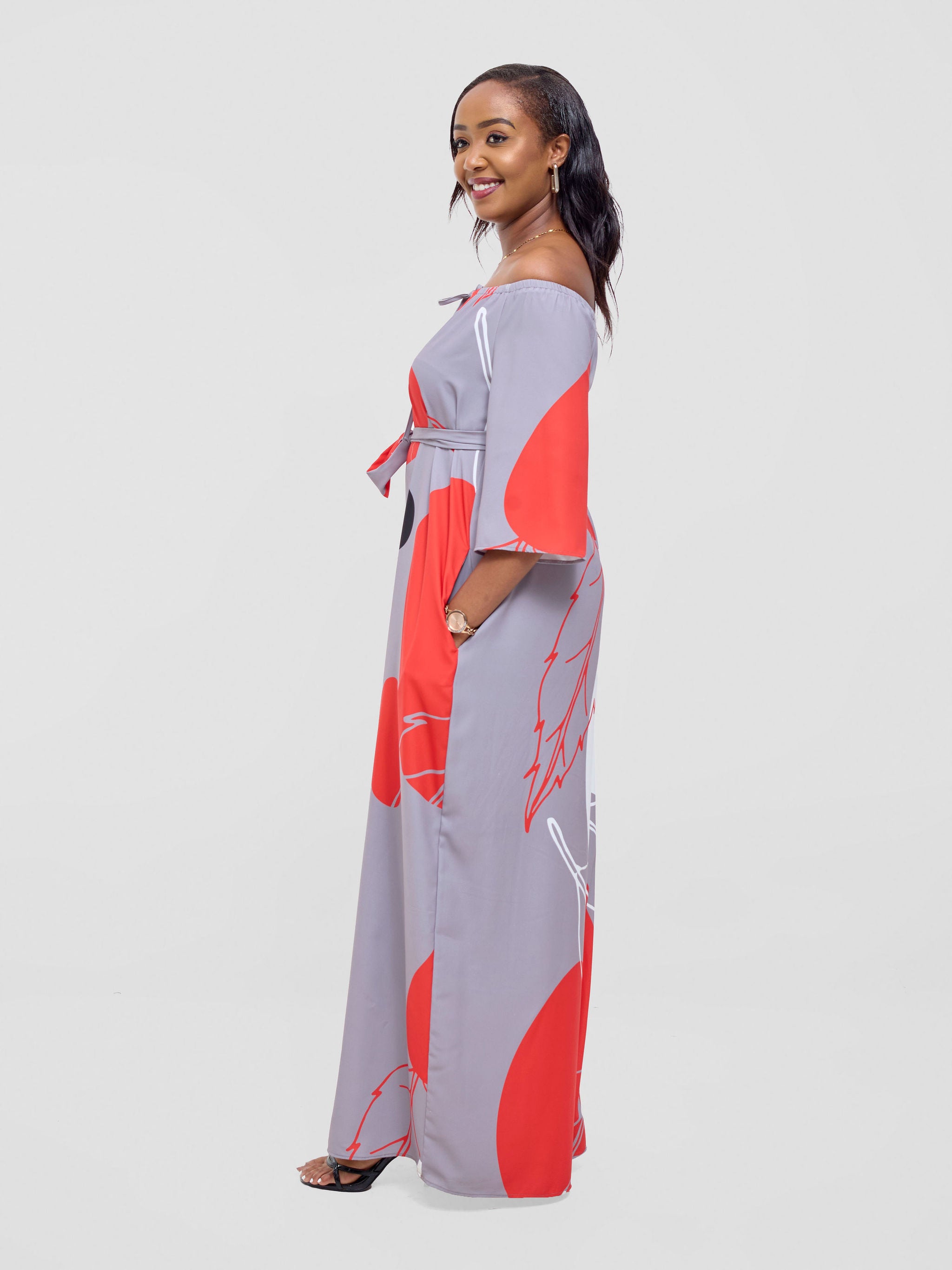 Vivo Zahari 3/4 Sleeve Off-Shoulder Jumpsuit - Grey / Red Bali Print