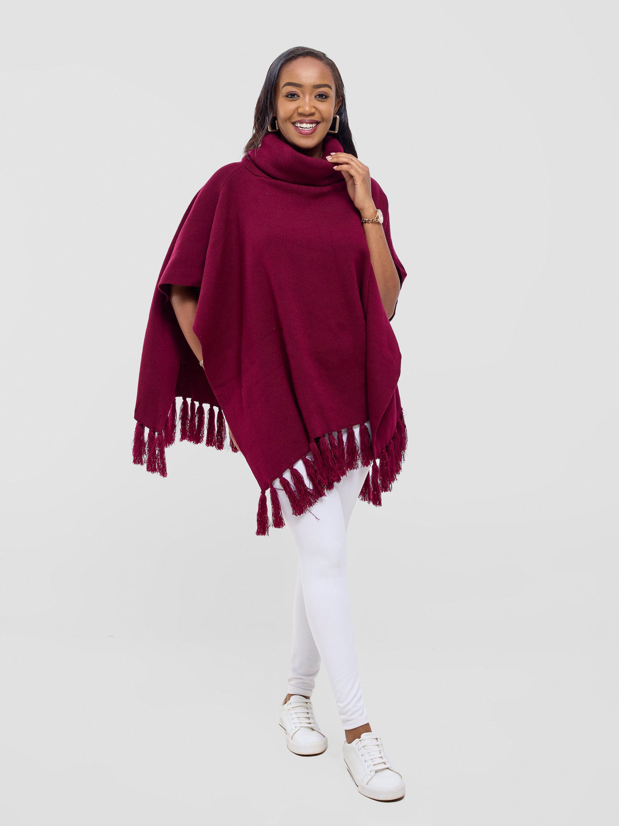 Vivo Turtleneck Knit Fringe Poncho - Raspberry