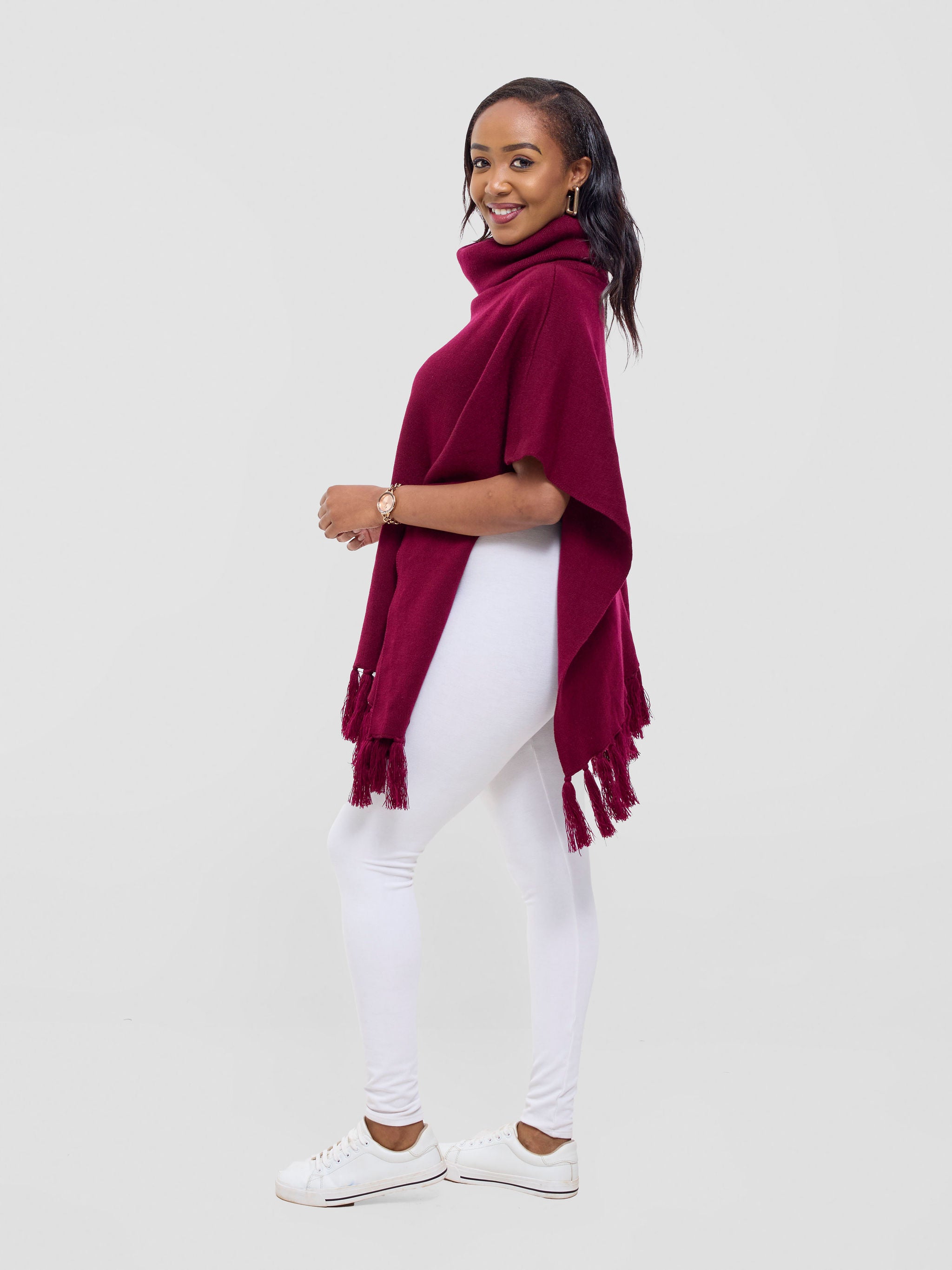 Vivo Turtleneck Knit Fringe Poncho - Raspberry