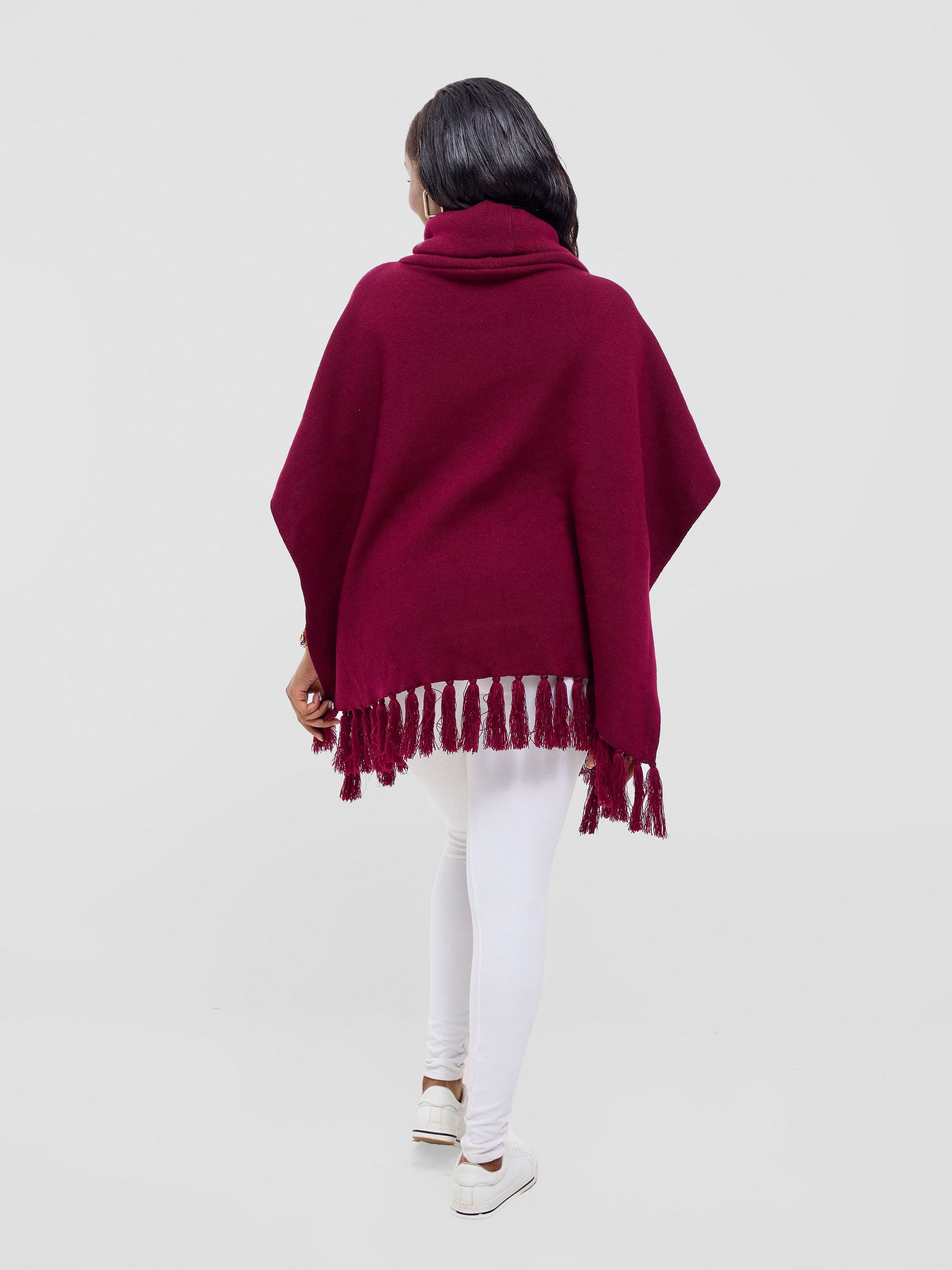 Vivo Turtleneck Knit Fringe Poncho - Raspberry