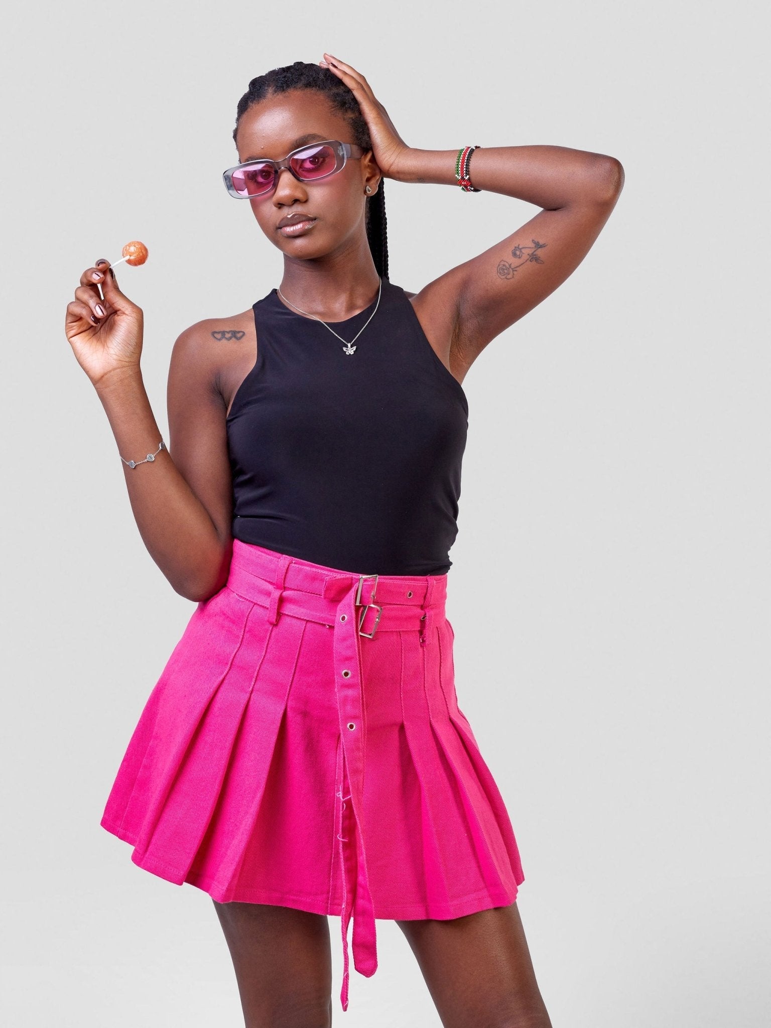 Carrie Wahu X SZ Pleated Double Buckle Miniskirt - Pink - Shopzetu