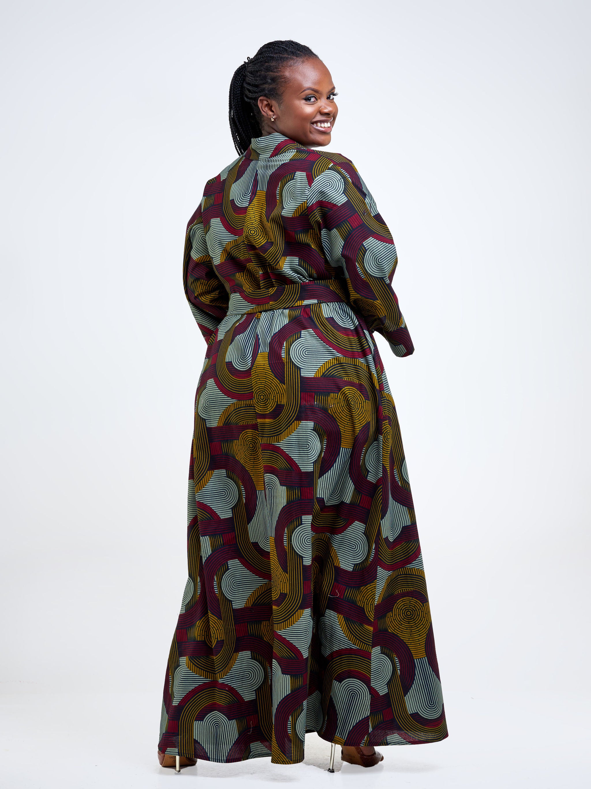 Vivo Kitenge Maxi Kimono - Dark Mustard / Burgundy Ankara Print