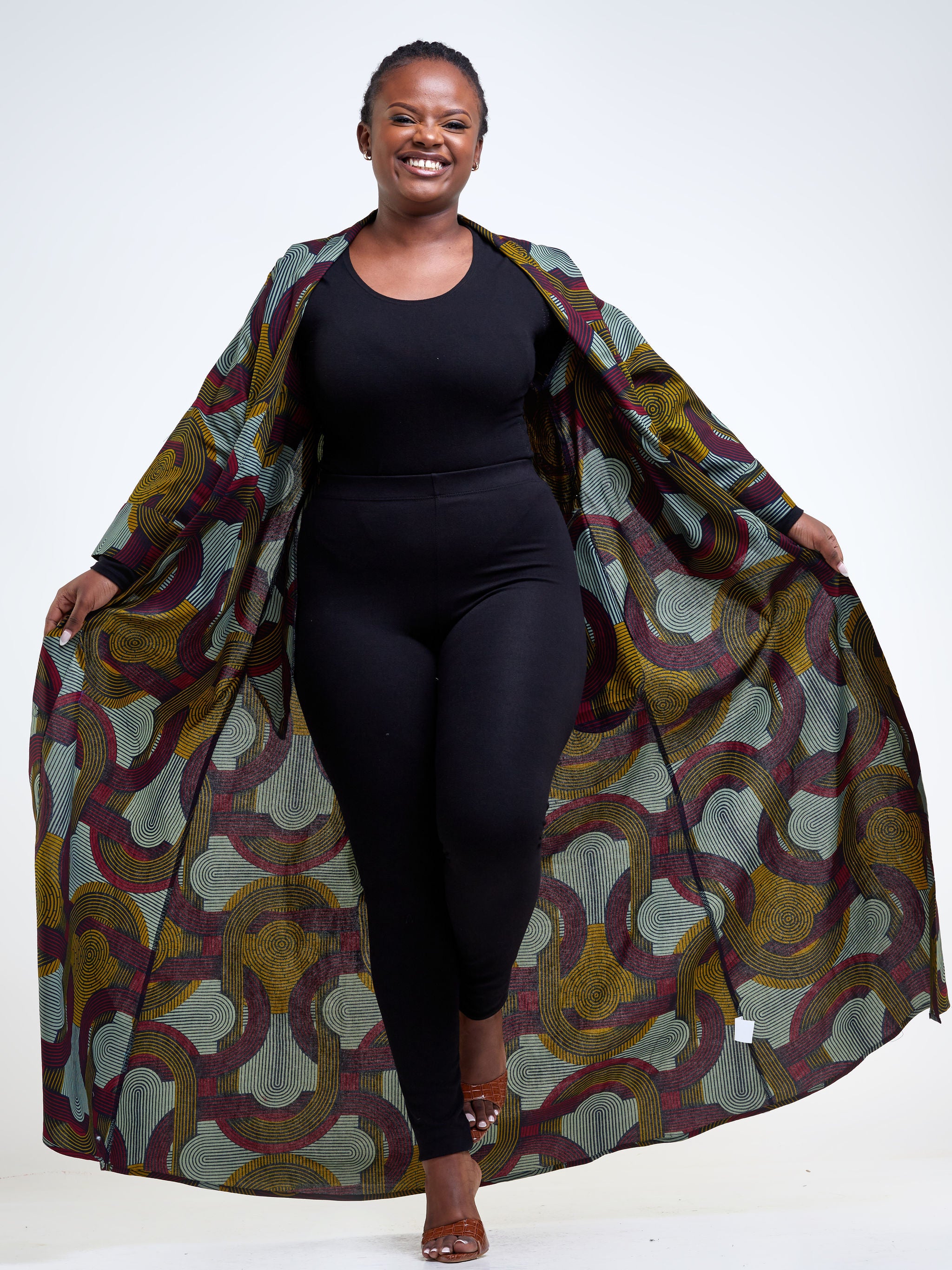 Vivo Kitenge Maxi Kimono - Dark Mustard / Burgundy Ankara Print