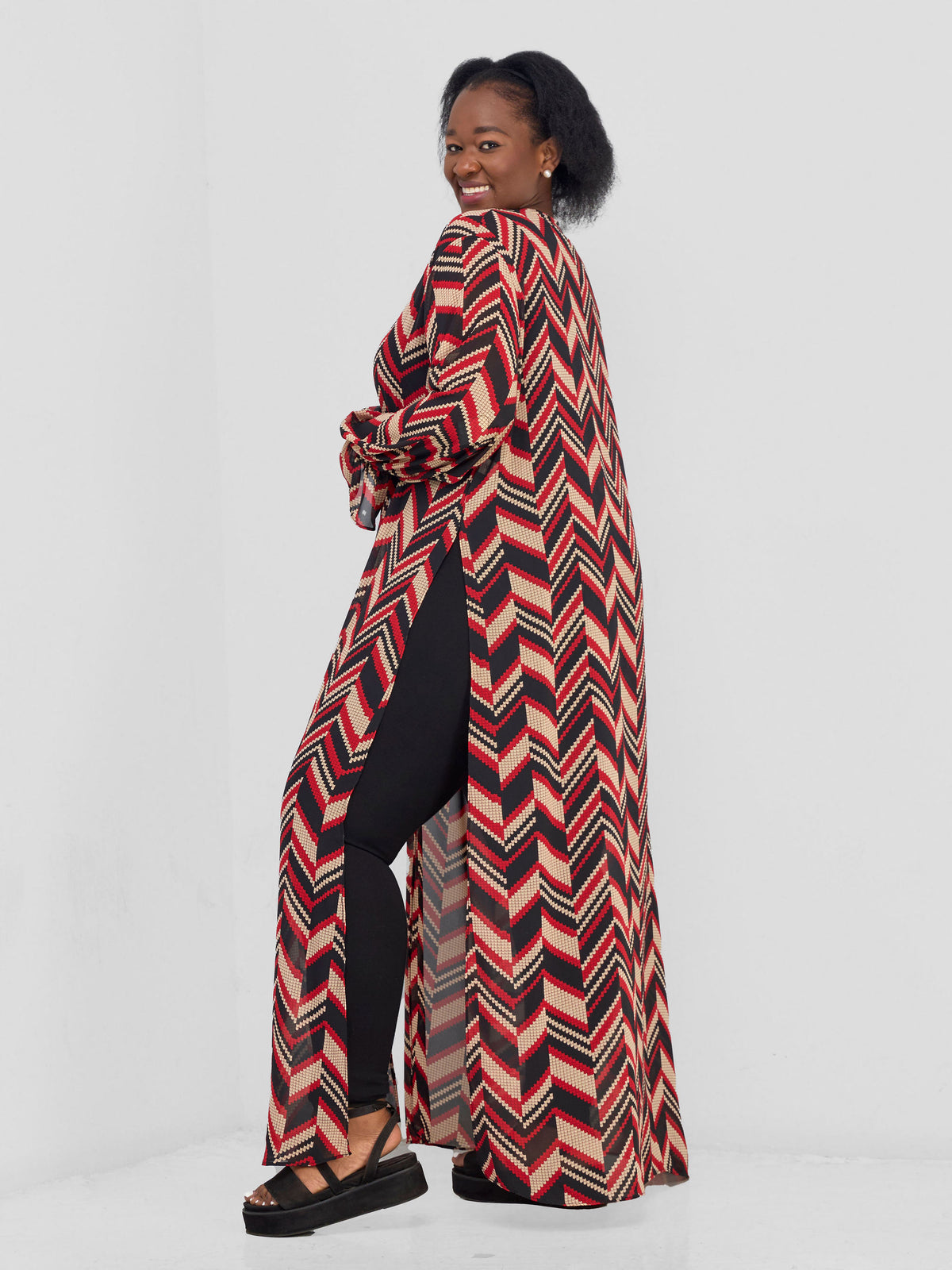 Vivo Maisha High Slit Kimono - Cream Black Print