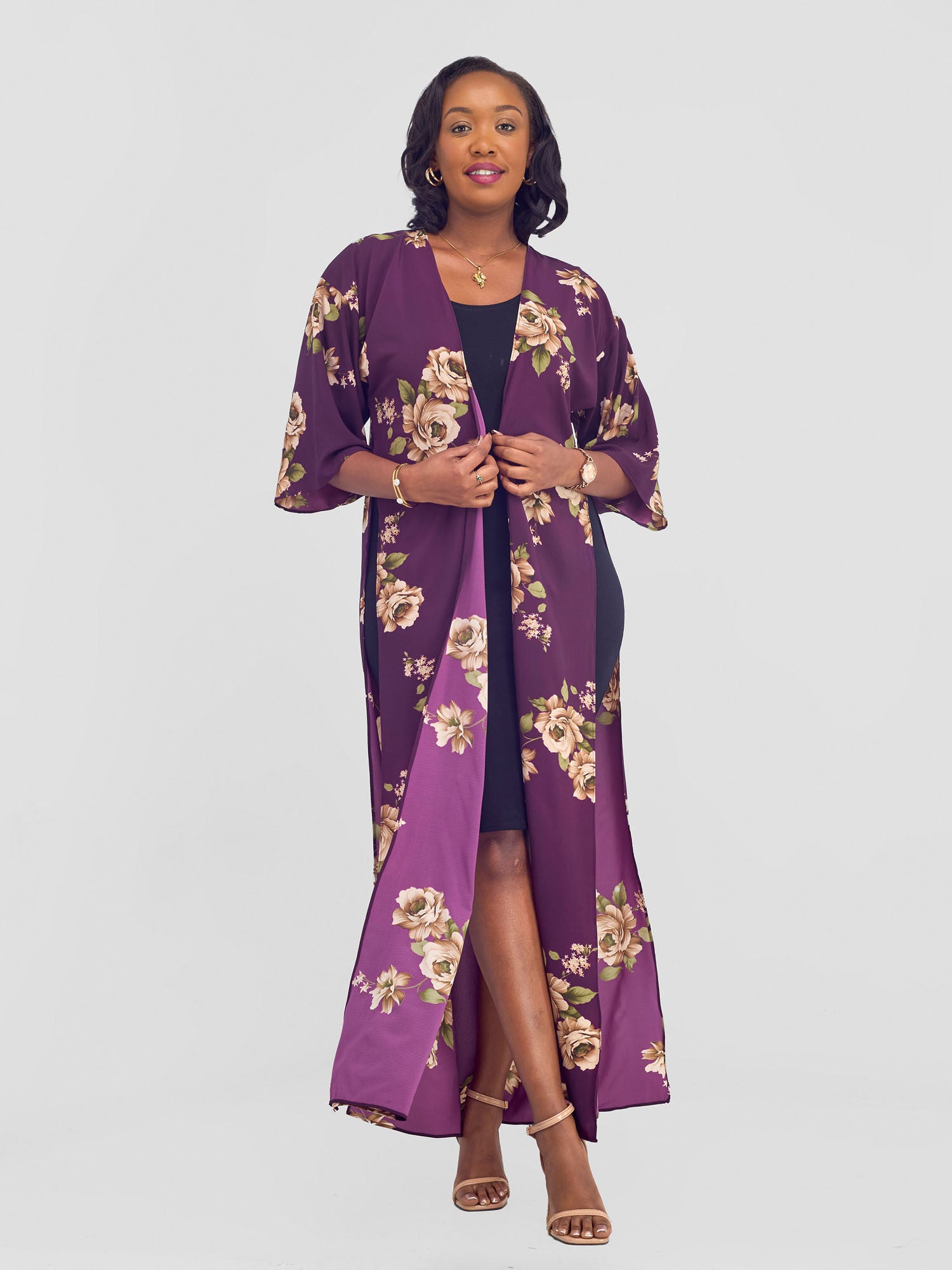 Vivo Maisha High Slit Kimono - Burgundy Nyua Print