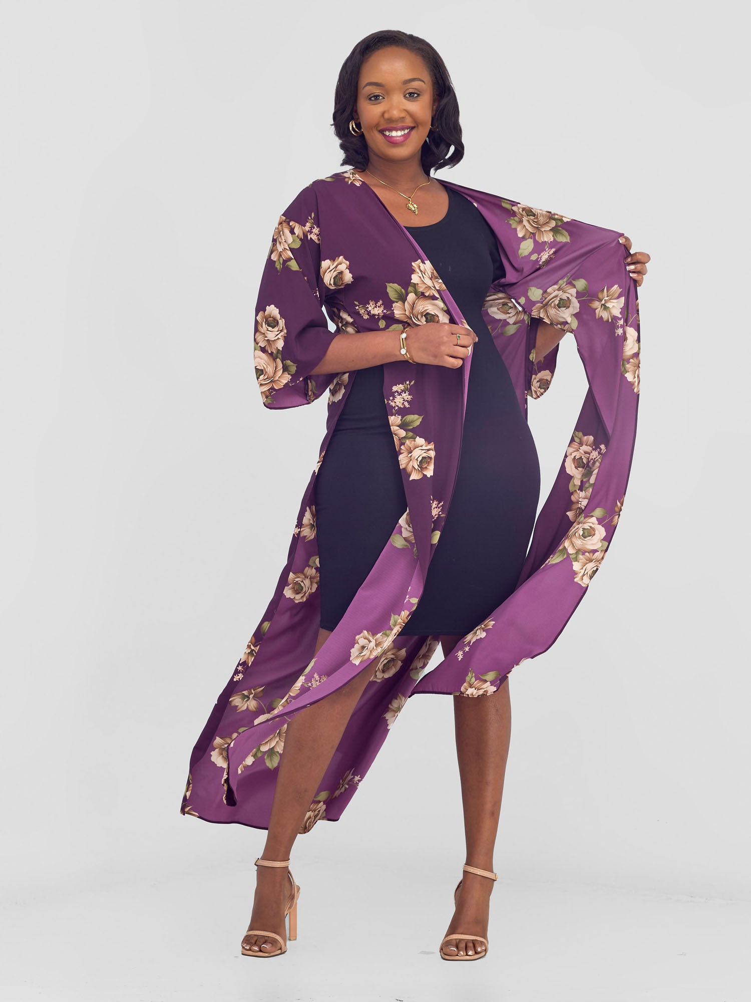 Vivo Maisha High Slit Kimono - Burgundy Nyua Print