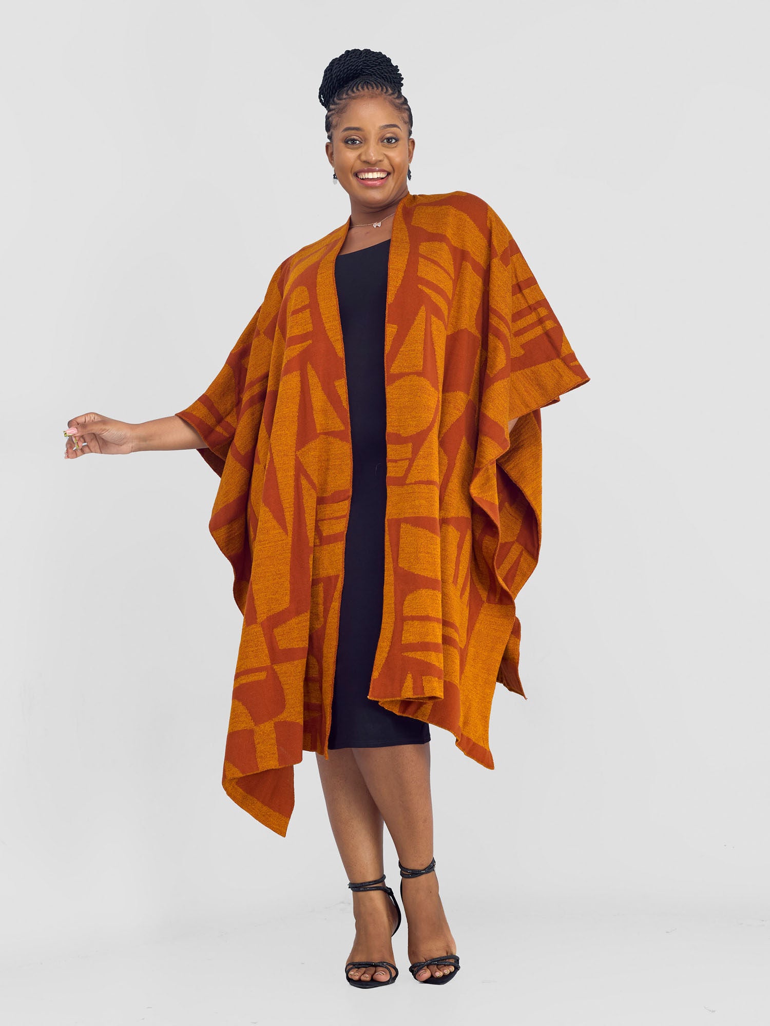 Vivo Reversible Poncho without Fringes - Rust / Mustard Samba Print